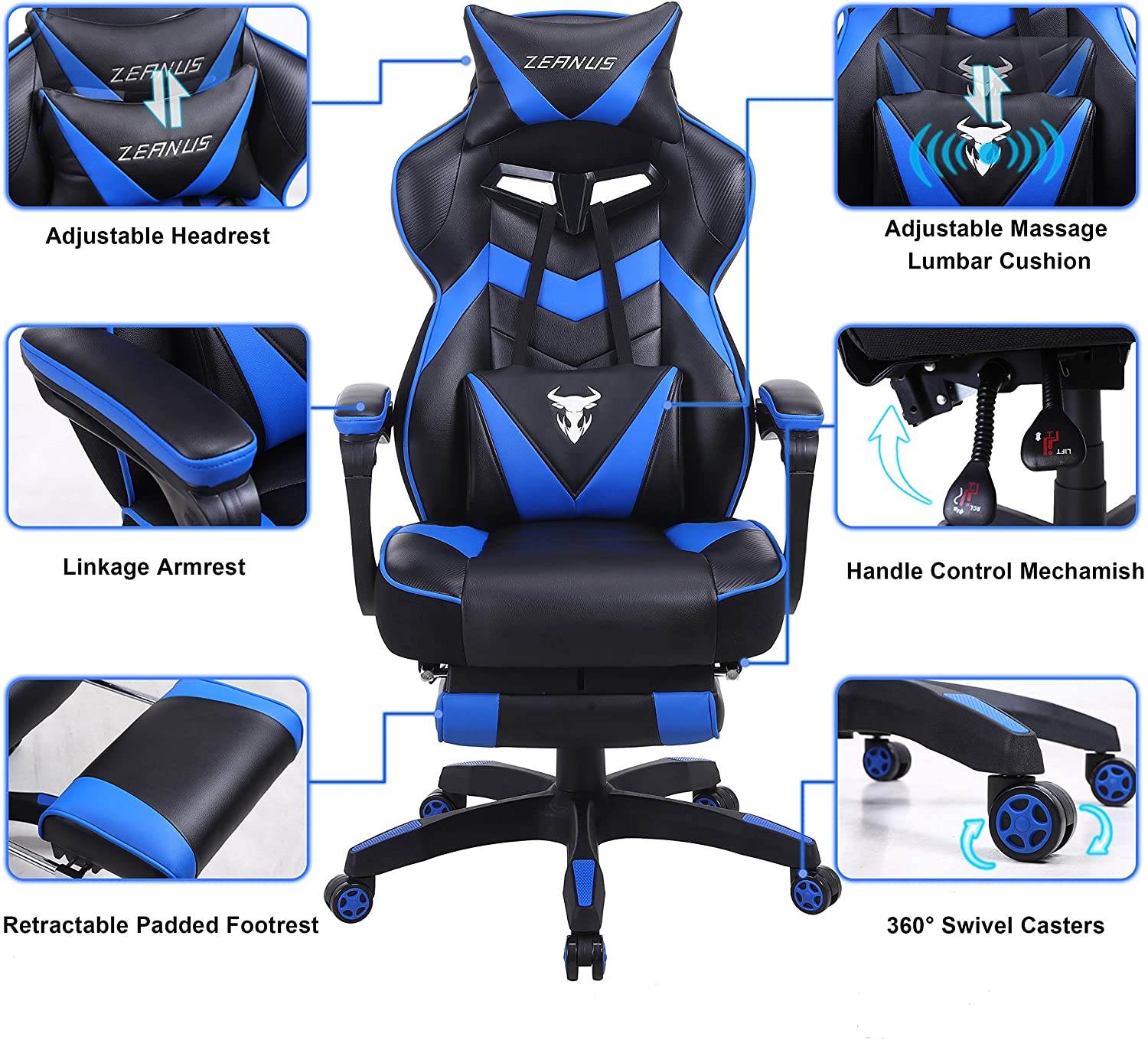 Zeanus Gaming Chair for Adults Green, Gaming Chair with Footrest, Massage Computer Gaming Chair, Reclining Gaming Desk Chair, Big and Tall Video Gaming Chair, Racing Style Chair, E-Sports Gamer Chair