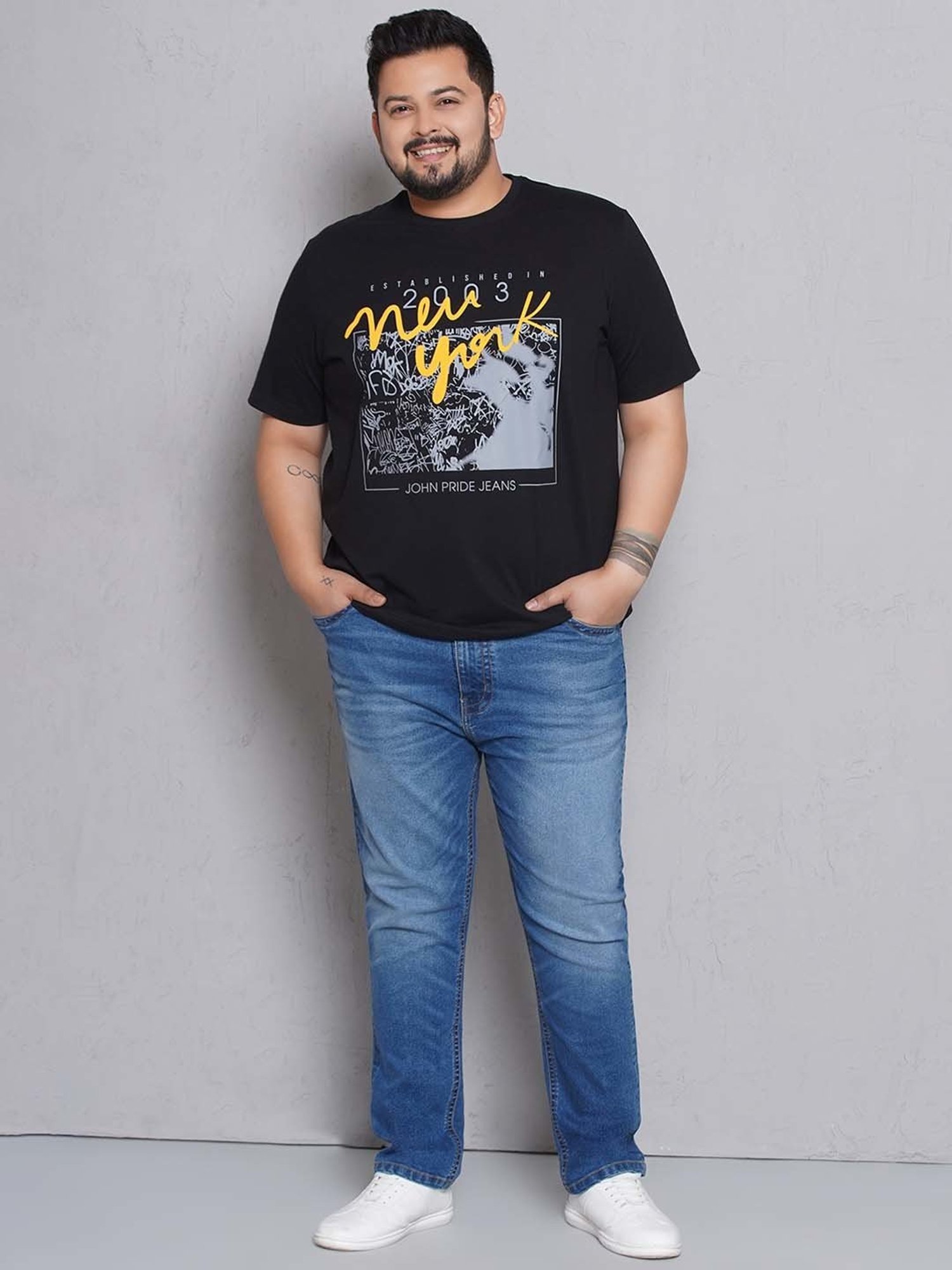 John Pride Blue Regular Fit Lightly Washed Plus Size Jeans