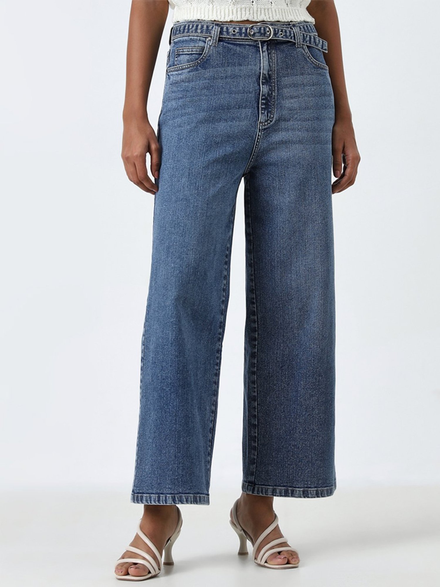 LOV by Westside Blue Washed Straight-Fit High-Rise Jeans with Belt
