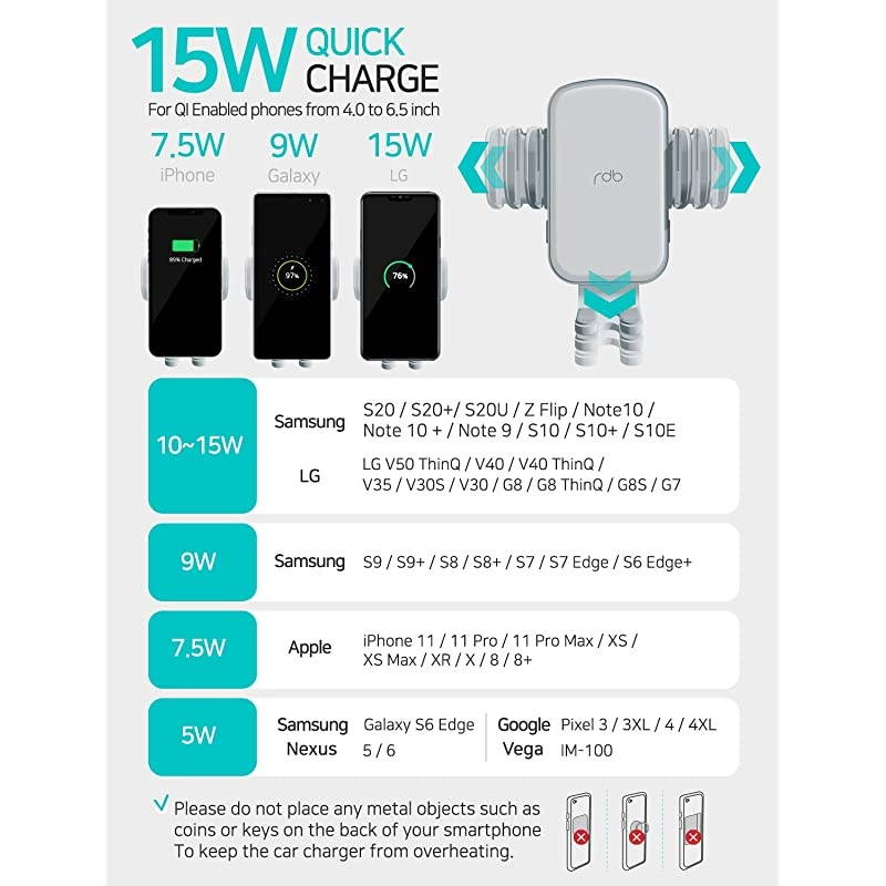 Wireless Car Charger 15W Qi Fast Charging Auto Clamping Mount Windshield Dashboard Air Vent Phone Holder Compatible with iPhone 11 Pro Max XS XR X 8 Plus Samsung S10 S9 S8Pure White