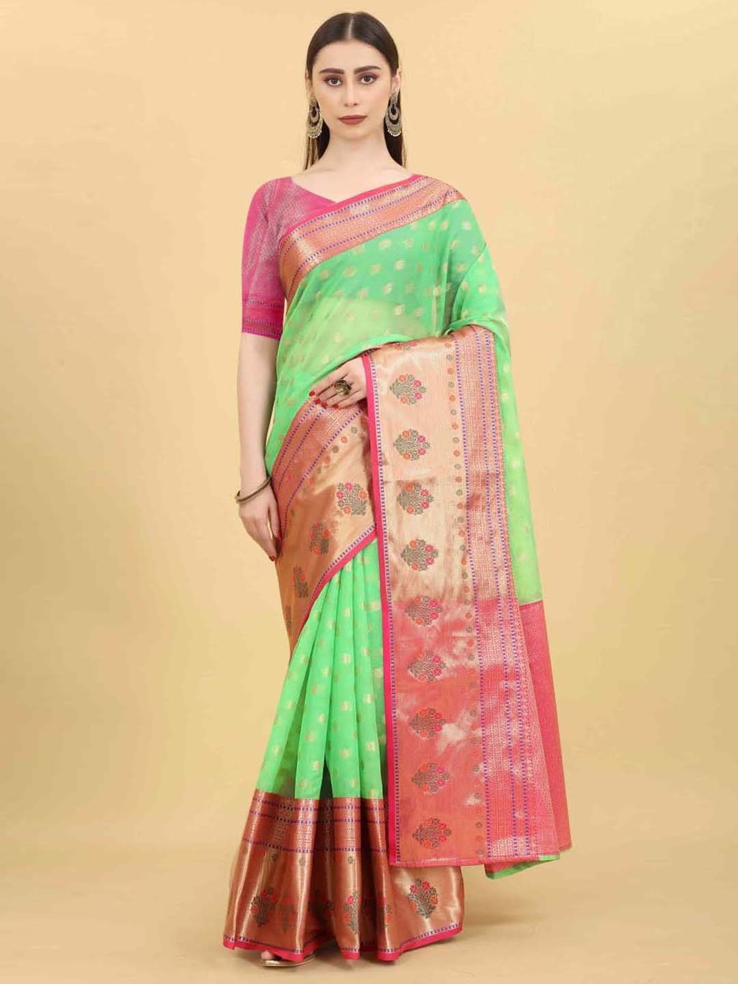 Silk Land Green Silk Woven Saree With Unstitched Blouse