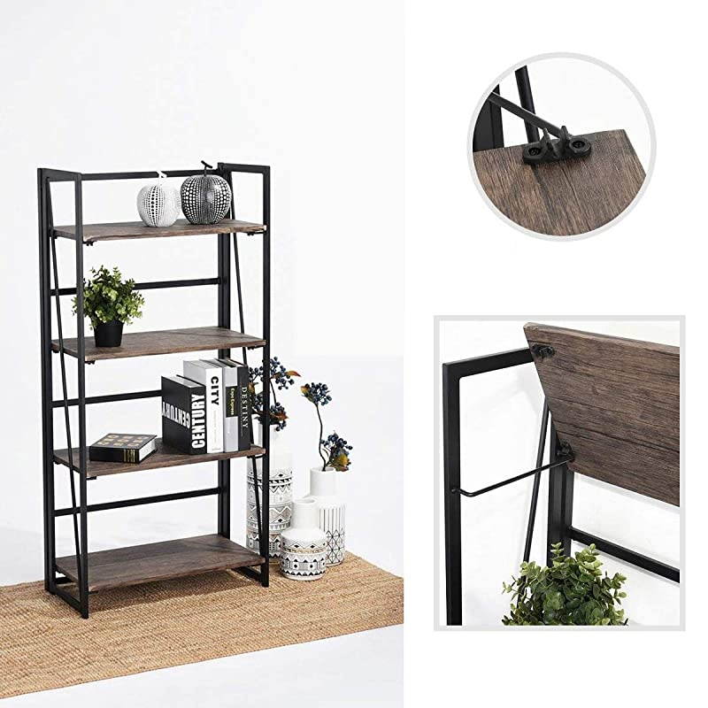 Folding Bookshelf Home Office Industrial Bookcase No Assembly Storage Shelves Vintage 4 Tiers Flower Stand Rustic Metal Book Rack Organizer 236 X 118 X 494 Inches