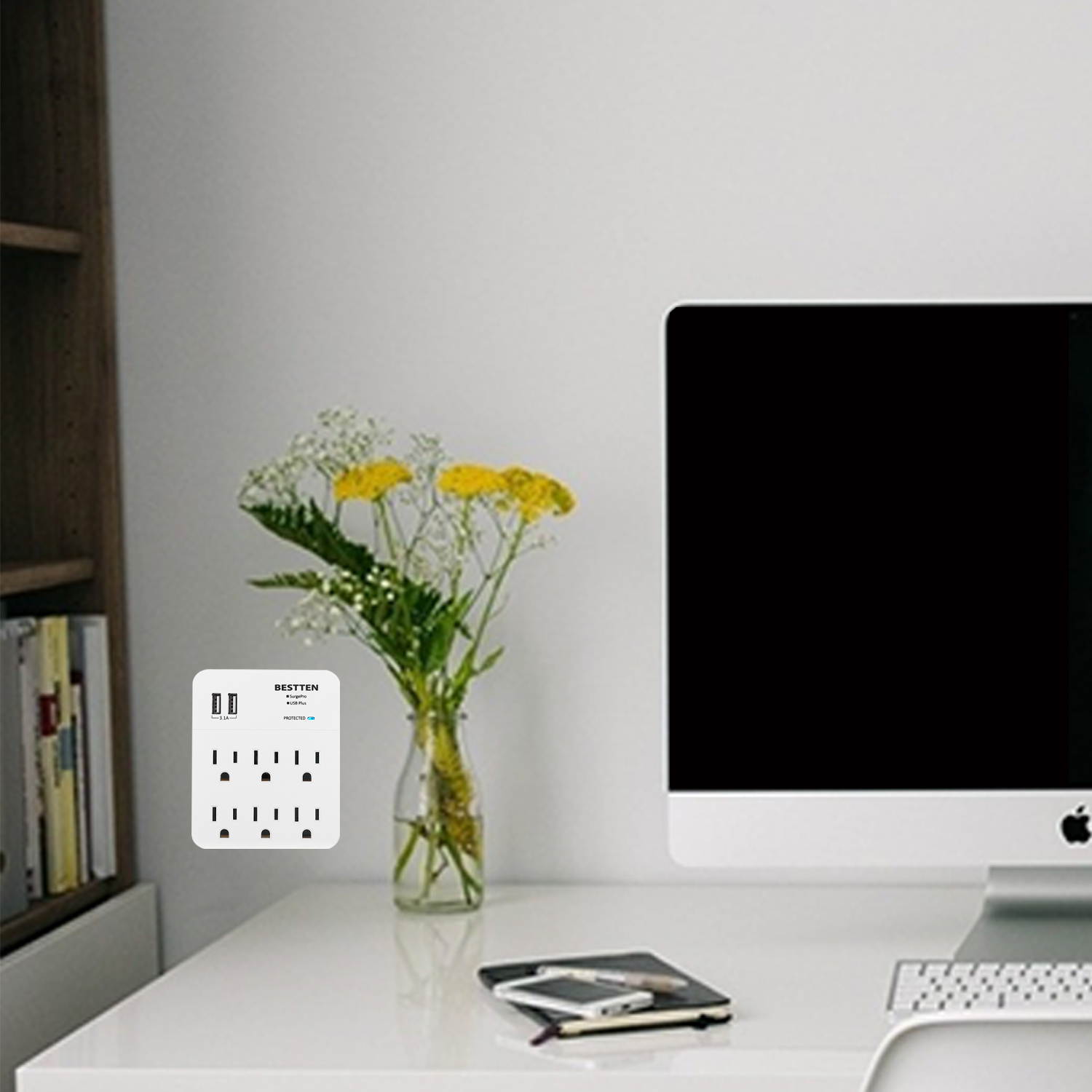 BESTTEN Multi Wall Tap Outlet Adapter Surge Protector with 2 USB Charging Ports (2.4A/Port, 3.1A Total) and 6 Electrical AC Sockets, ETL Certified, White