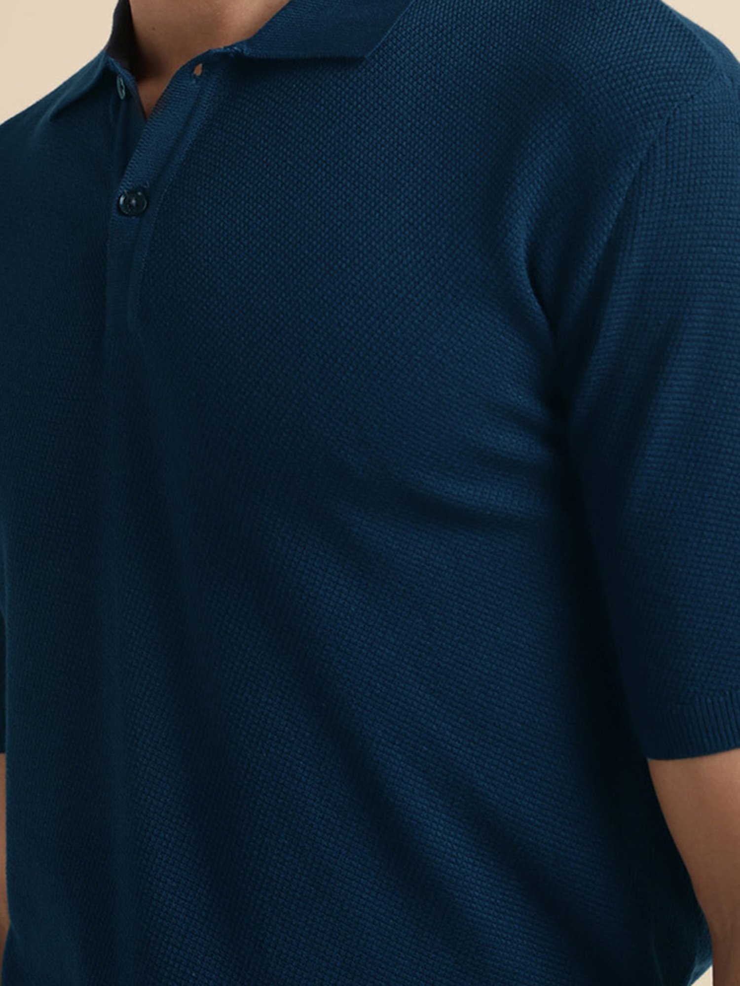ANDAMEN Navy Regular Fit Textured Polo T-Shirt