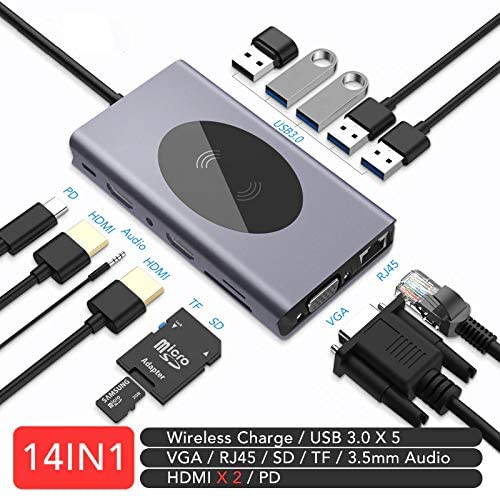 14 in 1 USB C Hub Laptop Docking Station Multi Function PD VGA HDMI Adapter 5 USBC 3.0 Hub Wireless Charge TF SD Reader Ethernet