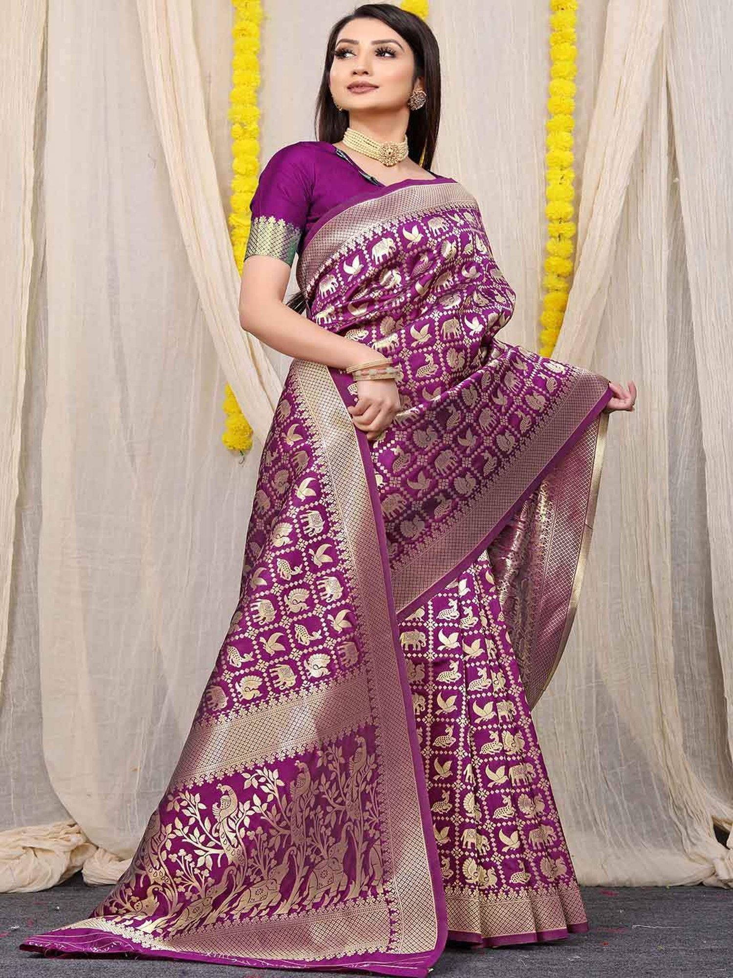 SHUBHKALA Purple Silk Woven Saree With Unstitched Blouse