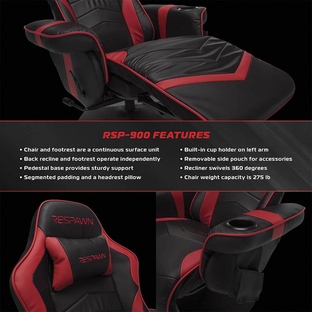 RESPAWN-900 Racing Style Gaming Recliner, Reclining Gaming Chair, in Gray (RSP-900-GRY)