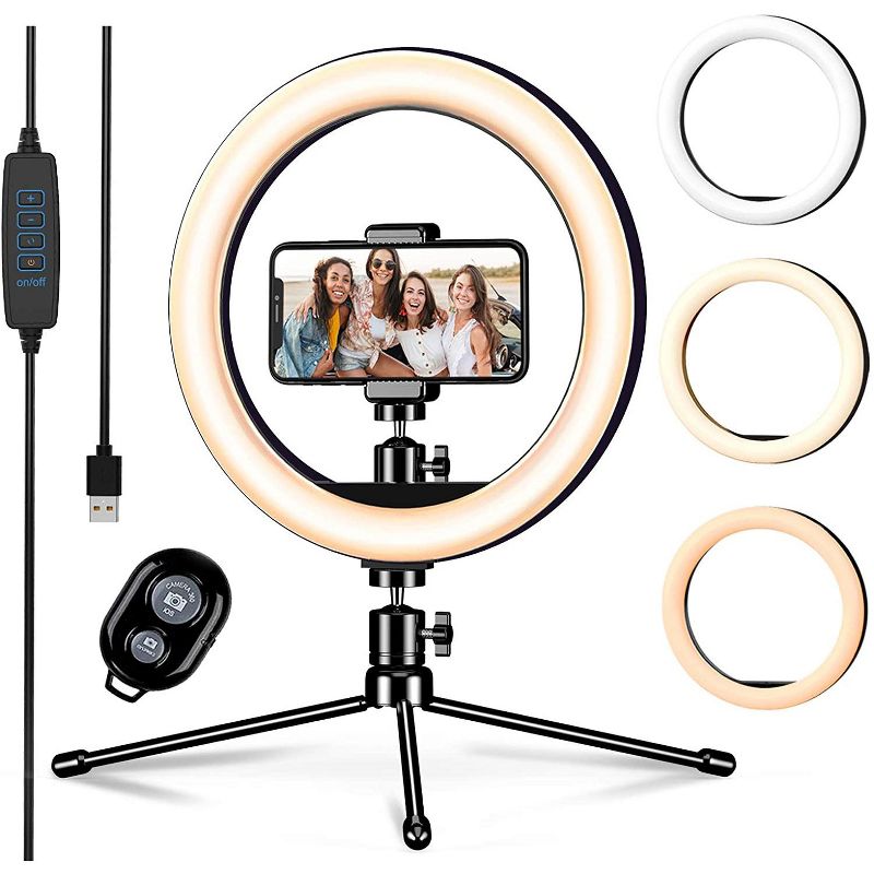 10-inch Led Ring Light with Tripod Stand & Phone Holder & Remote 3 Light Modes & 10 Brightness Levels Perfect for Makeup YouTube TIK Tok Video Live Streaming Photography - F531
