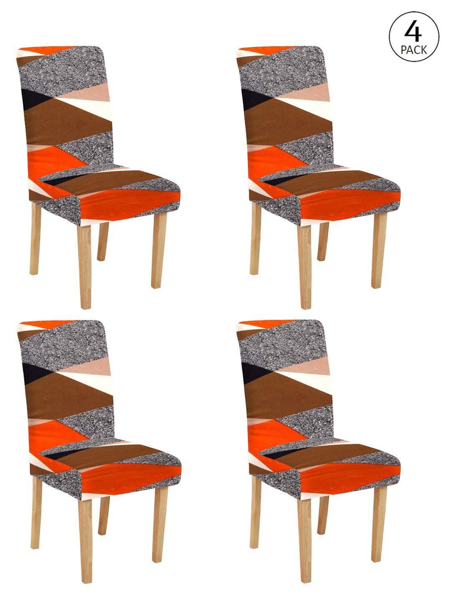 HOSTA HOMES Grey & Orange Polyester Stretchable Printed Chair Cover - Set of 4