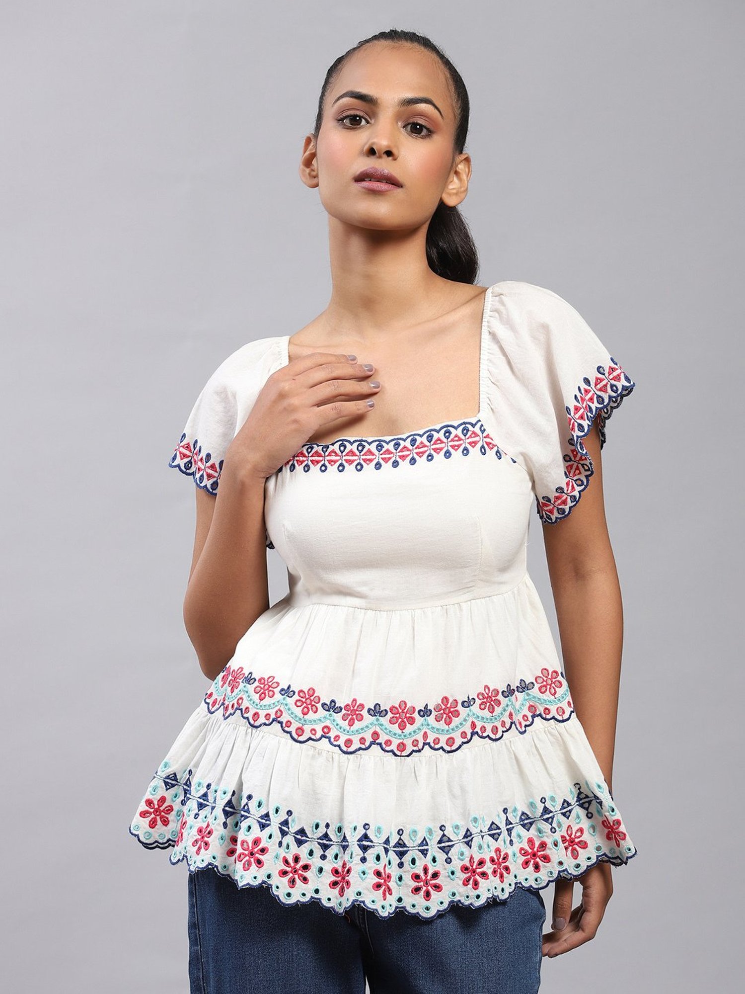 Label Ritu Kumar Off White Embroidered Peplum Top