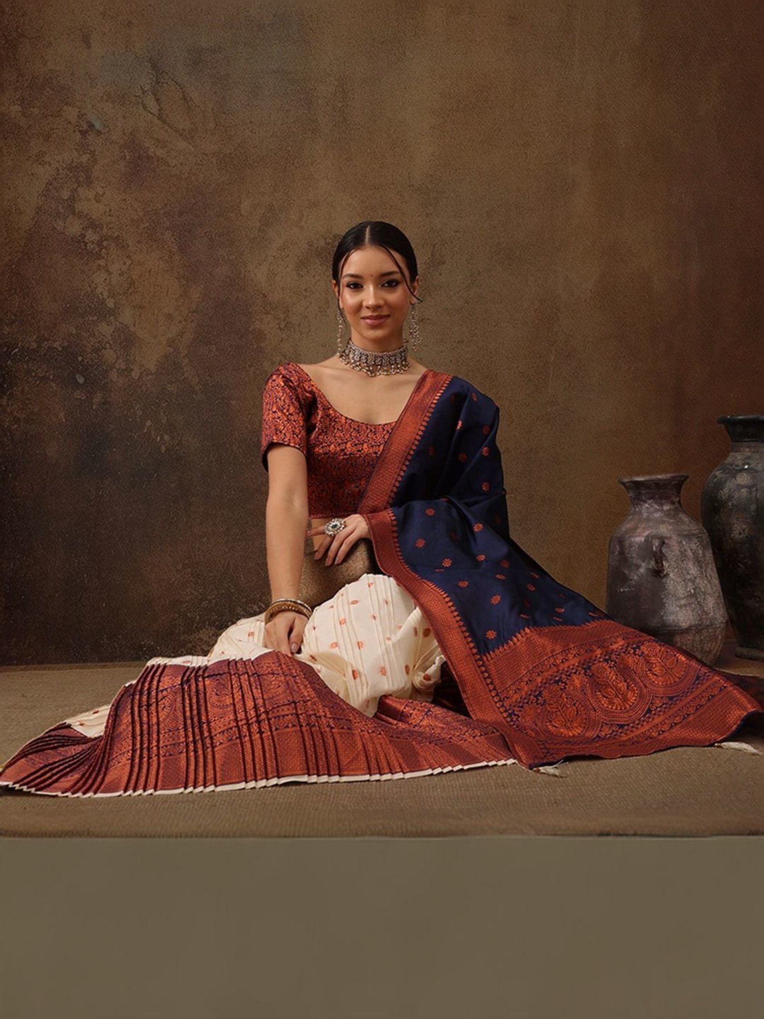 Silk Land Beige & Navy Woven Pattern Semi Stitched Lehenga Choli Set With Duppata