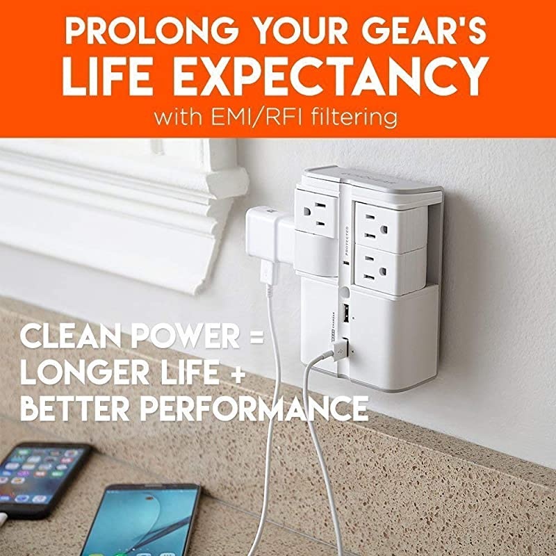 On-Wall Surge Protector with 4 Pivoting AC Outlets & 2 USB Ports &ndash; Packs 1080 Joules of Surge Protection & Installs On Existing Outlets to Protect Your Gear & Increase Outlet Capacity
