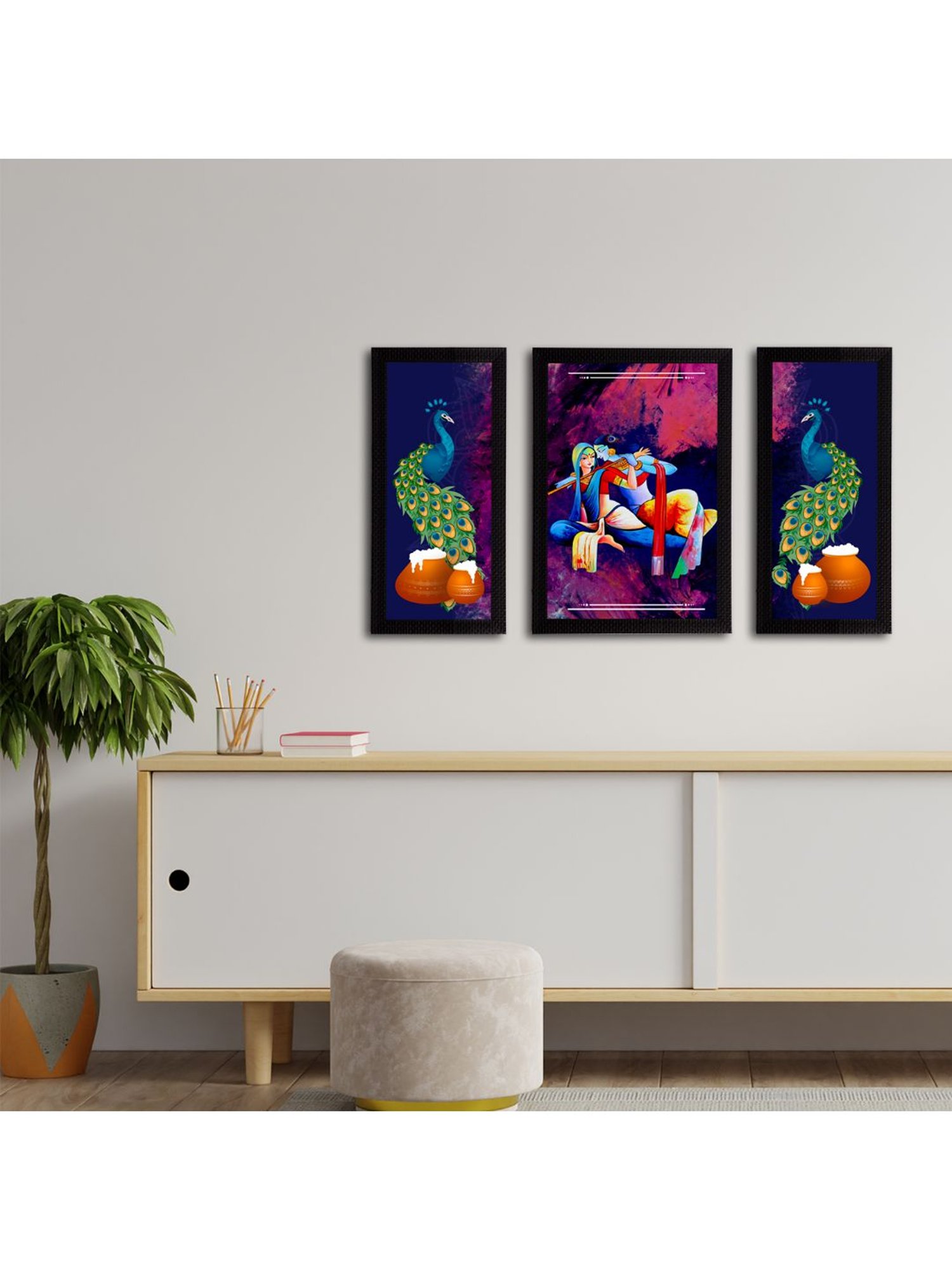 eCraftIndia Set of 3 Lord Krishna Satin Matt Texture UV Art Painting
