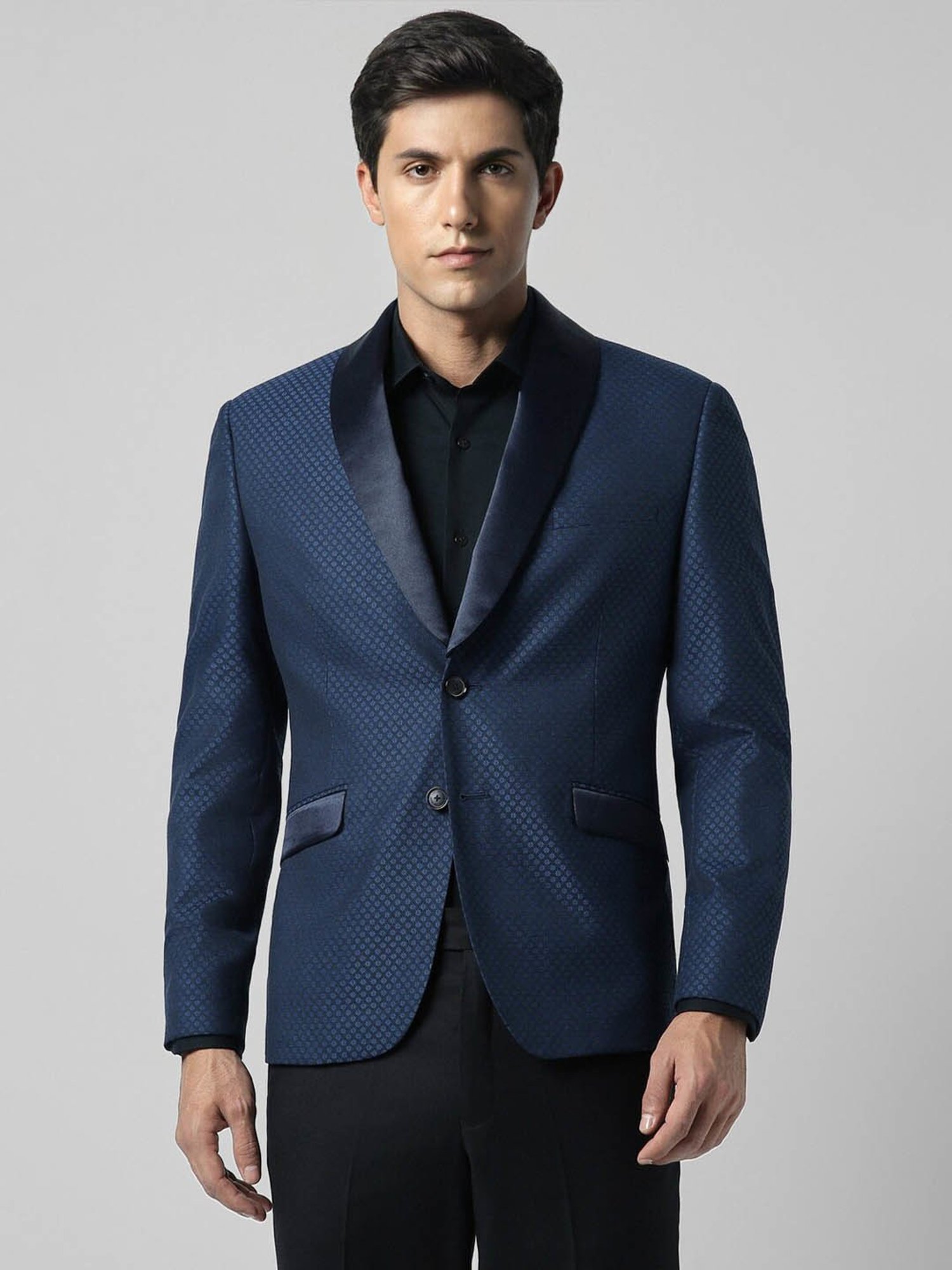 V Dot Navy Skinny Fit Self Pattern Blazer