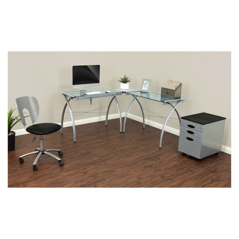 Futura L-Shaped Desk with Adjustable Top - Silver/Blue Glass
