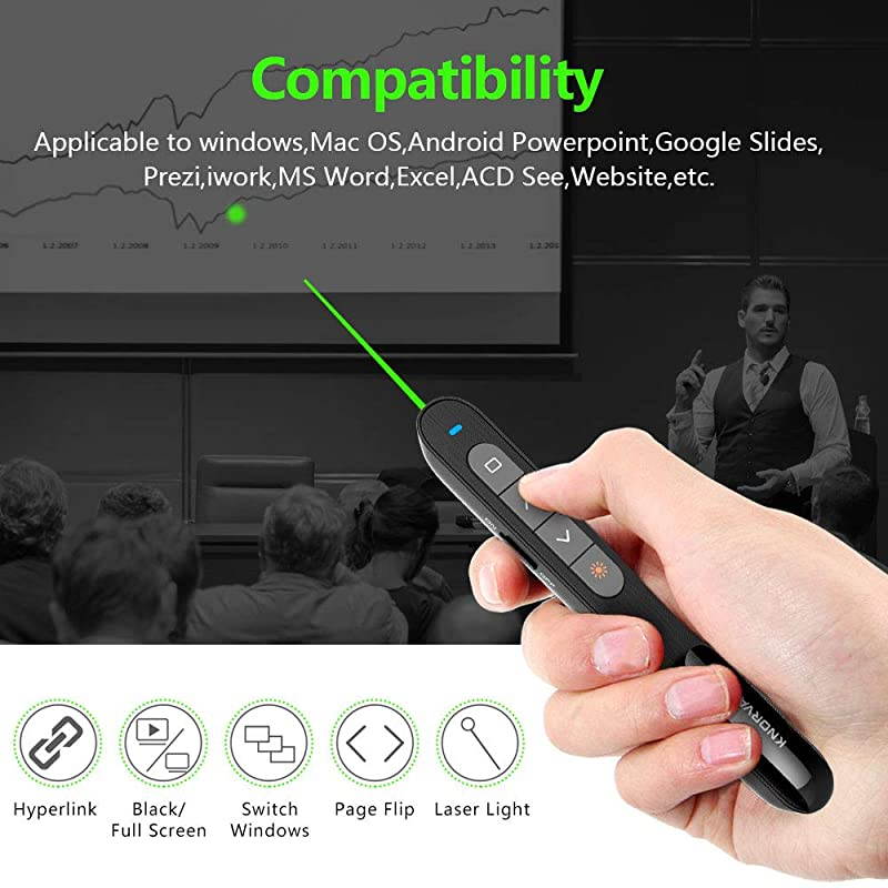 N76GBK Green Laser Pointer for Presentations Rechargable Hyperlink Volume Control PPT Powerpoint Clicker Presentation Remote for Powerpoint Presentations Laser Pointer Green 24GHz