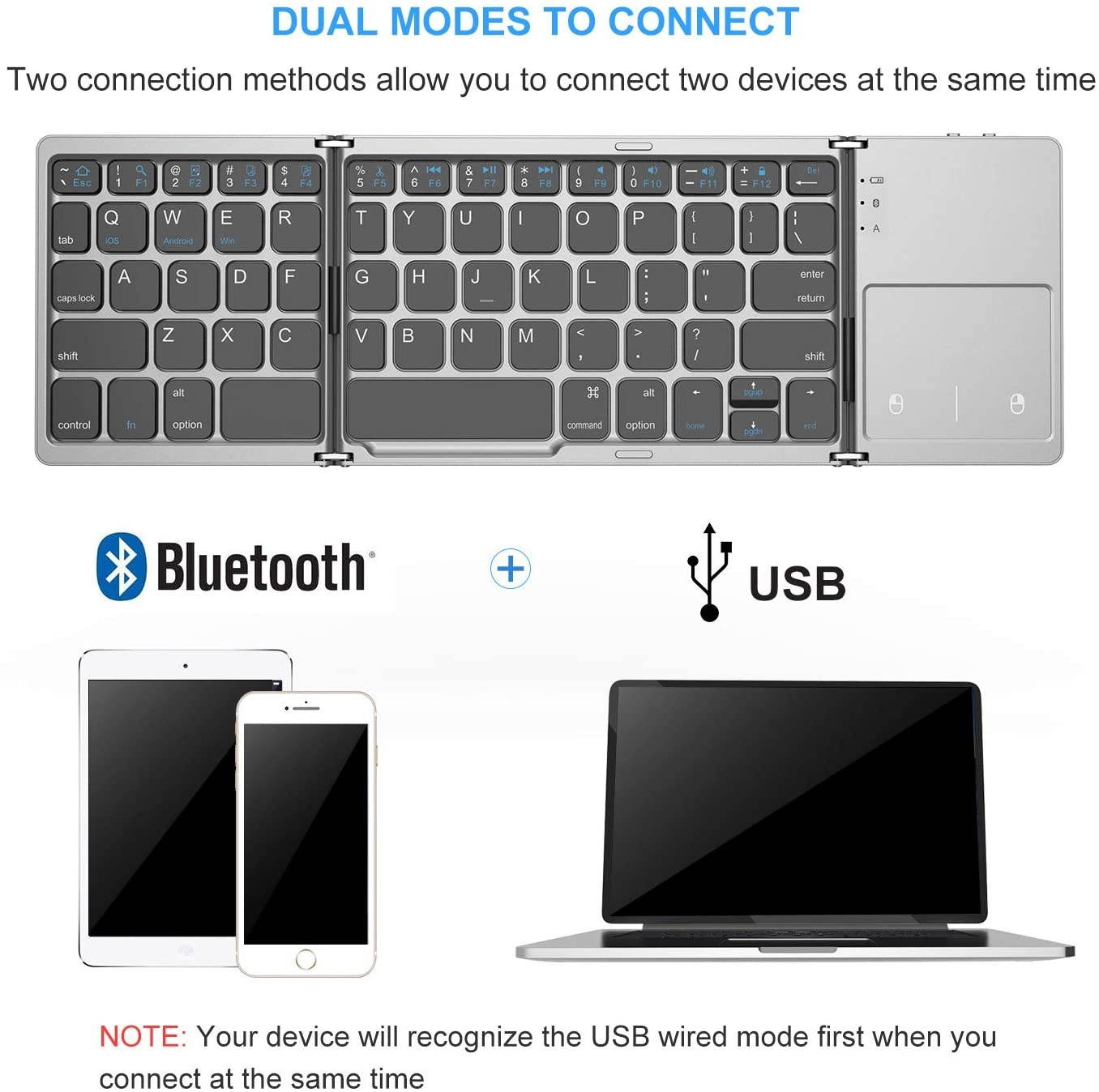 Foldable Bluetooth Keyboard, Jelly Comb Dual Mode Bluetooth & USB Wired Rechargable Portable Mini BT Wireless Keyboard with Touchpad Mouse for Android, Windows, PC, Tablet-Black and Silver