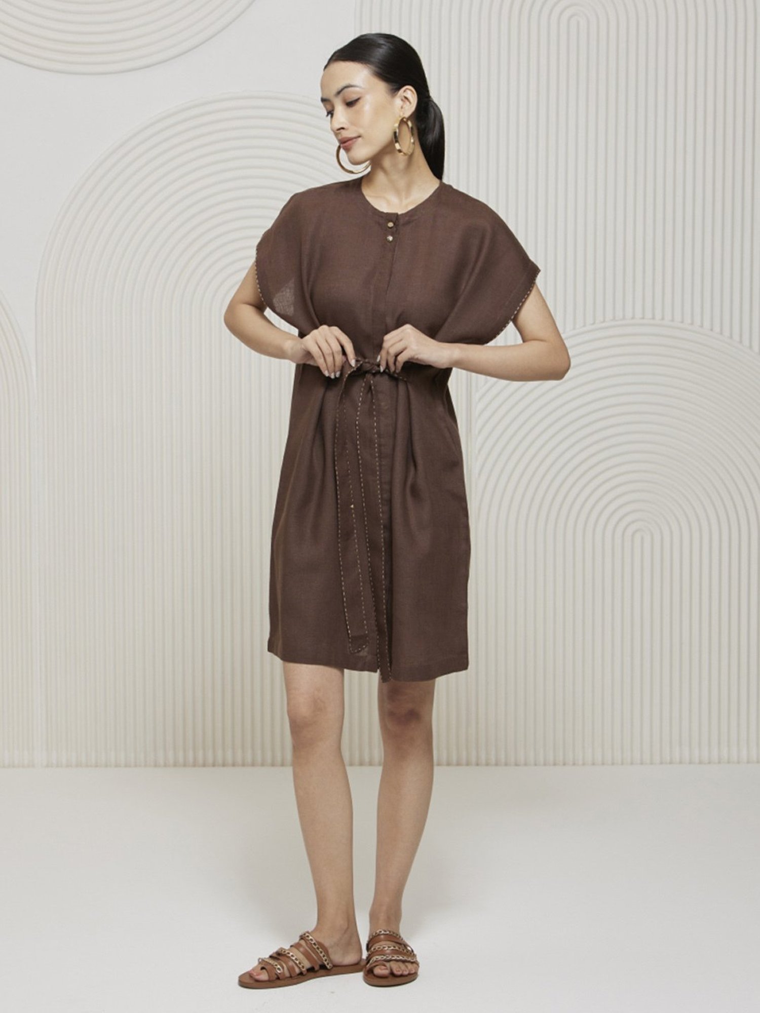 Artagai Chocolate Kantha Extended Sleeve Dress with Front Tie Up