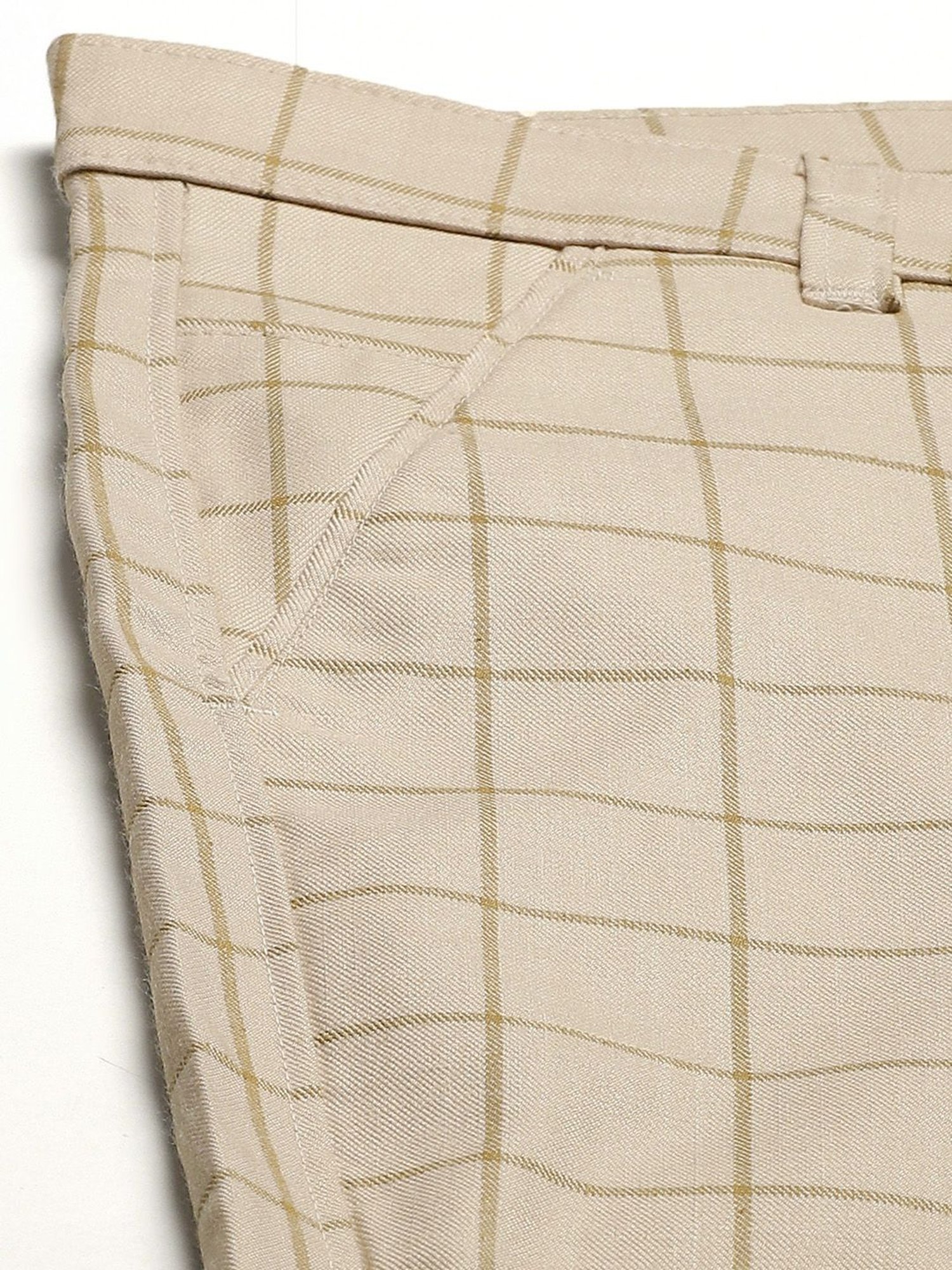 Sojanya Beige Cotton Regular Slim Fit Checks Flat Front Trousers