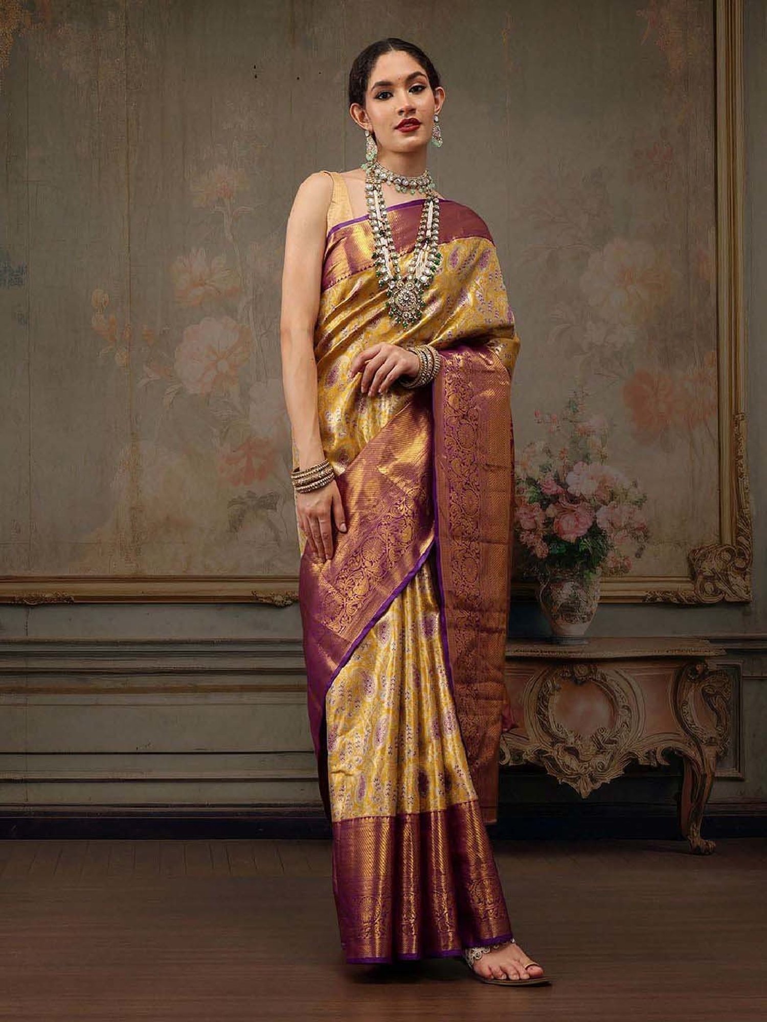 Silk Land Mustard Silk Woven Saree With Unstitched Blouse
