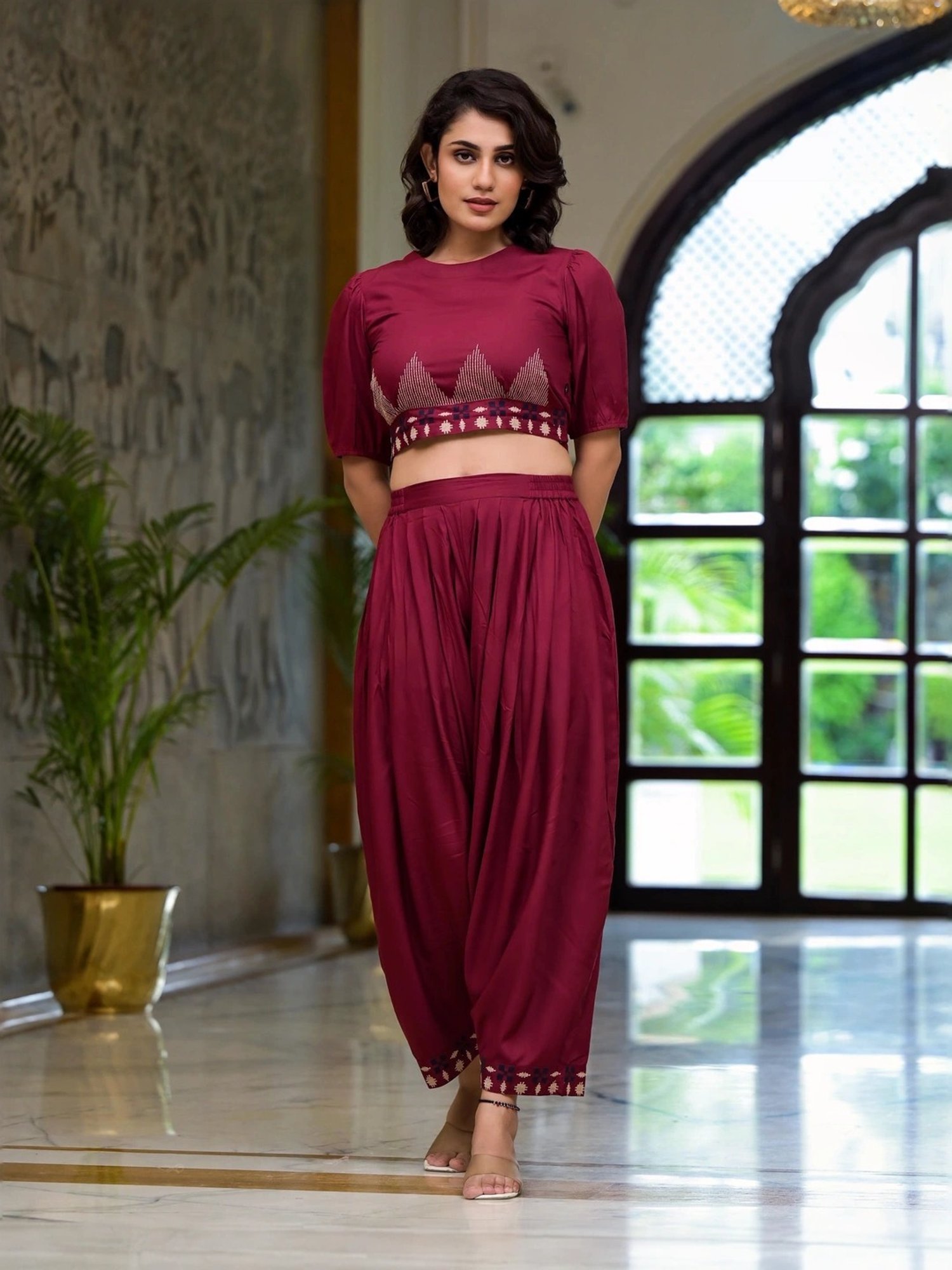 Juniper Maroon Embroidered Crop Top Dhoti Pant Set