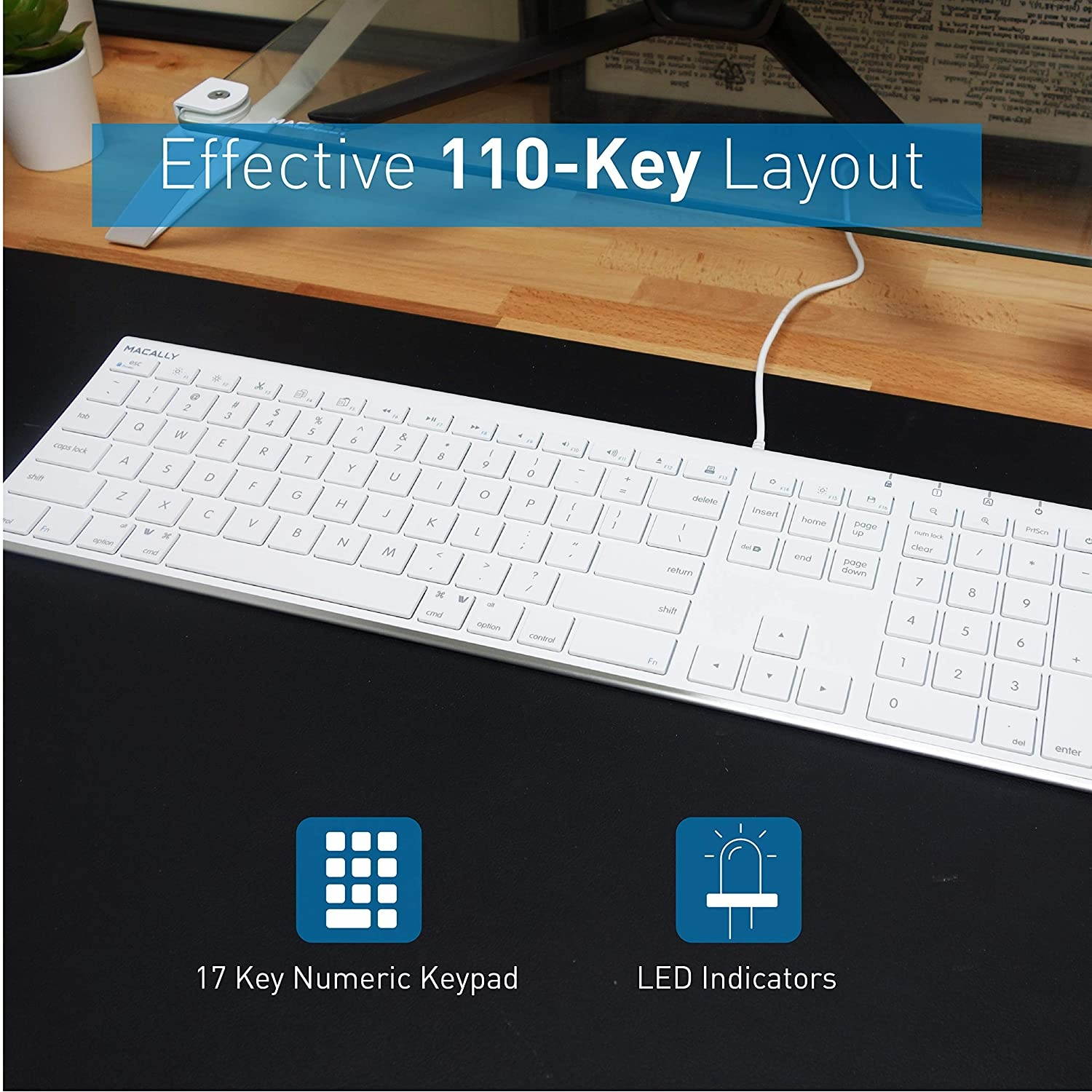 Macally Ultra Slim USB Wired Computer Keyboard - Works as Windows or Mac Wired Keyboard - Full Size Keyboard with Numeric Keypad & 20 Shortcut Keys - Plug and Play Mac Keyboard - White