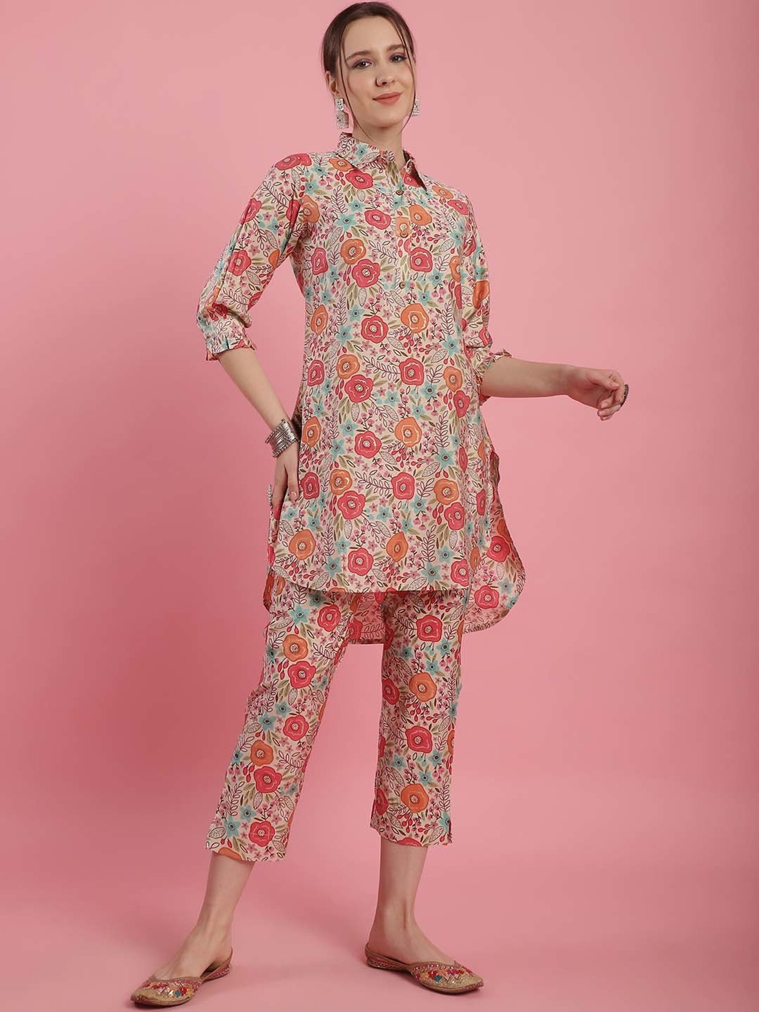 Prakrti Beige Floral Print Kurti Pant Set