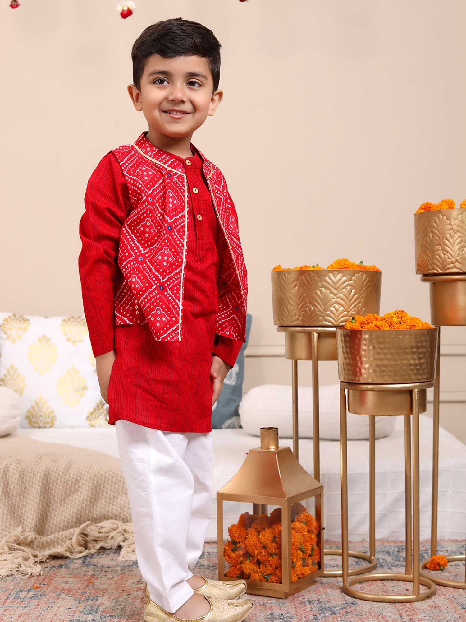 Budding Bees Boys Red & White Printed Full Sleeves Kurta, Pyjamas & Nehru Jacket