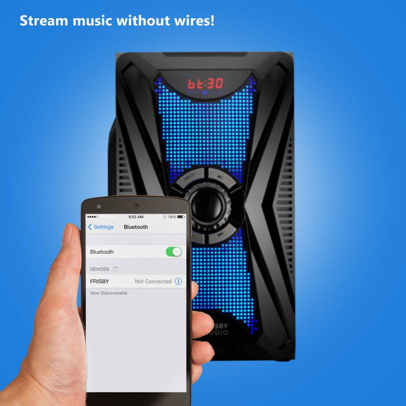 Frisby Audio 125 Watt Home Theater 5.1 Surround Sound Speaker System with Subwoofer, Bluetooth Wireless Streaming from Devices & Media Reader, RGB LED Pulse Lighting, Digital Optical Input &ndash; Black