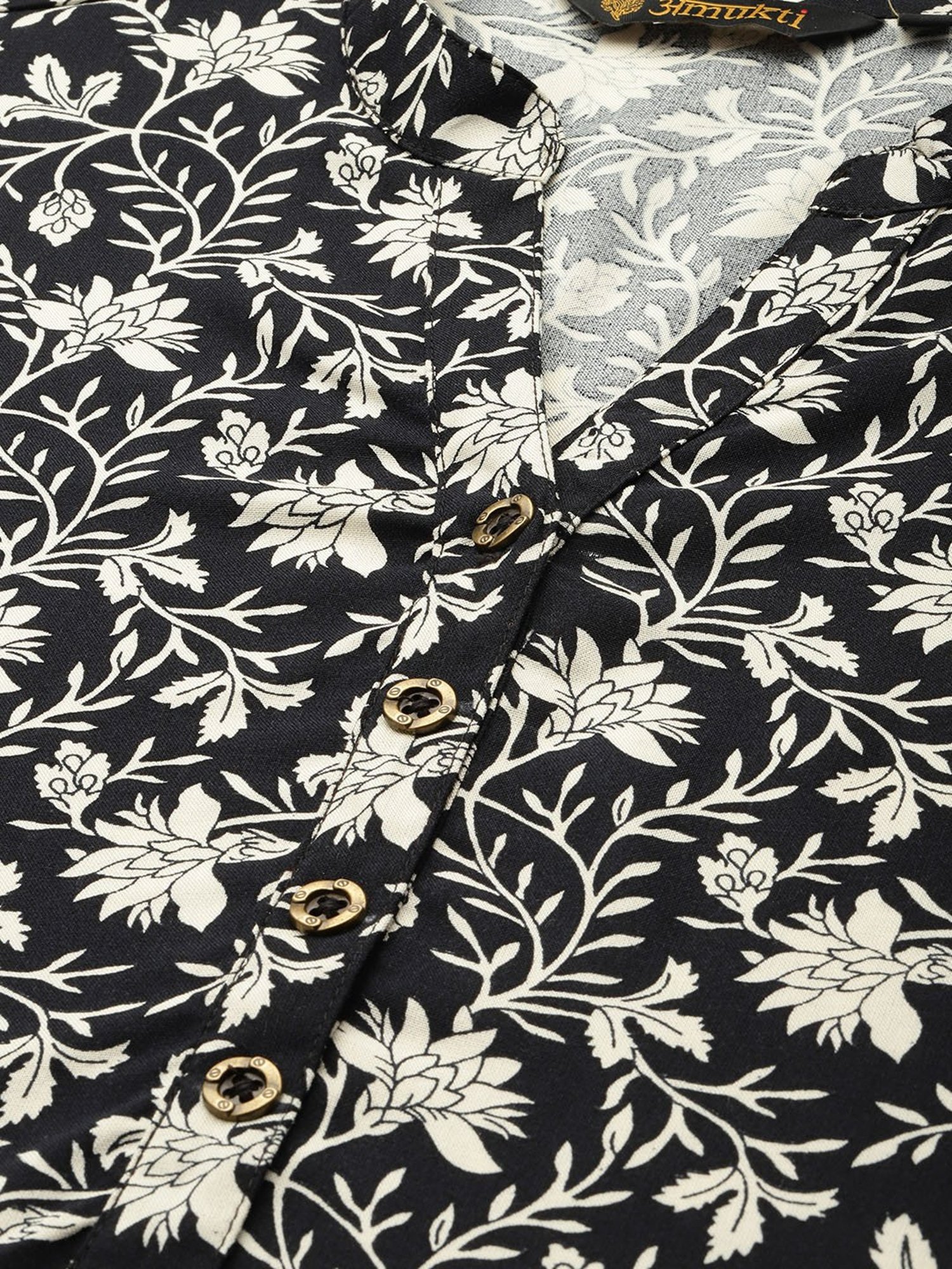 Amukti Black Rayon Floral Print Straight Kurta