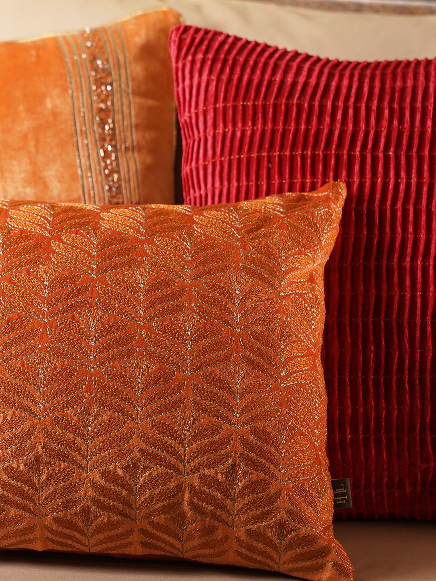 Pure Home and Living Orange Velvet Embroidery Cushion Cover