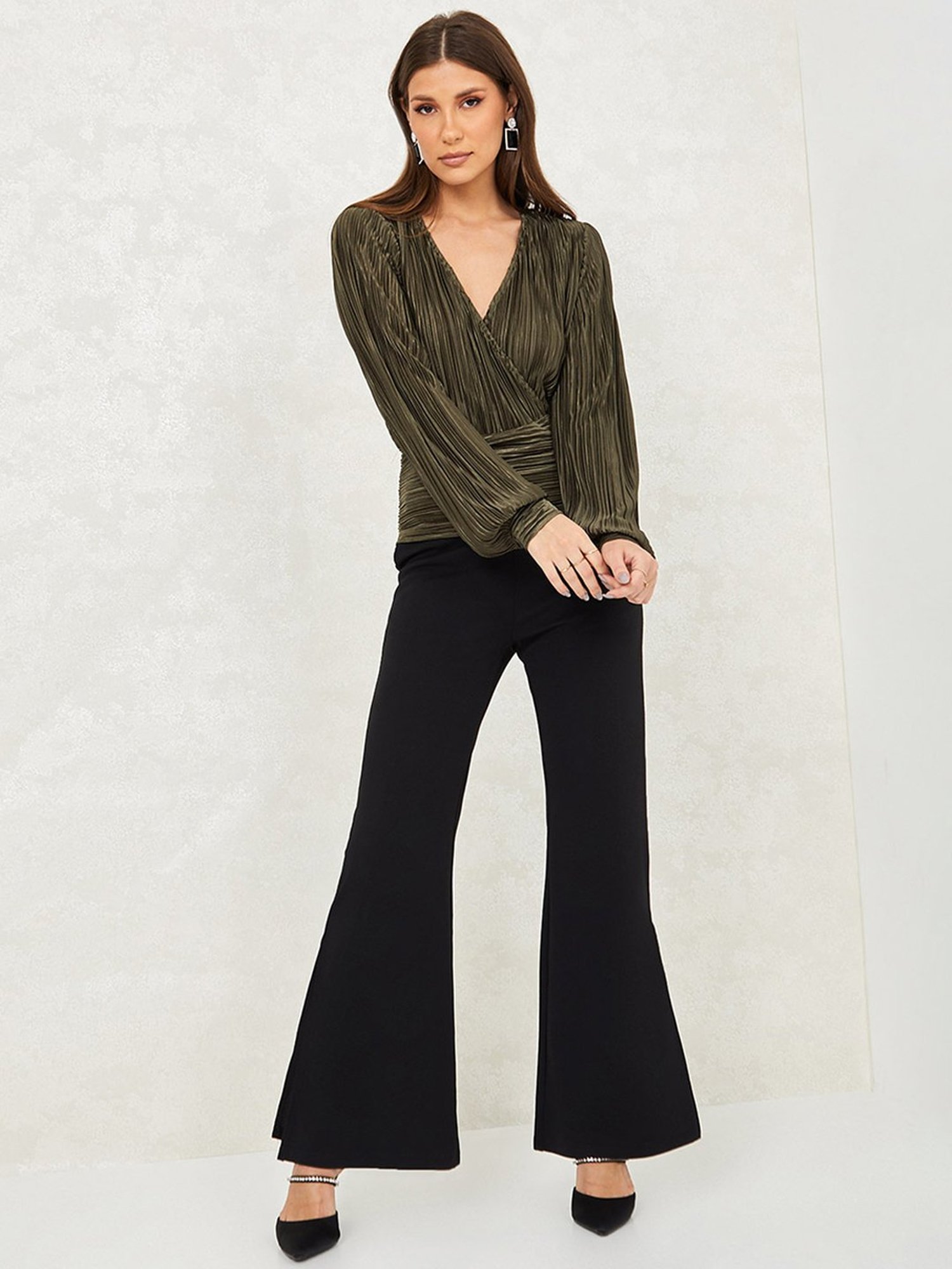 Styli Metallic Pleated Wrap Front Top with Fitted Waistband