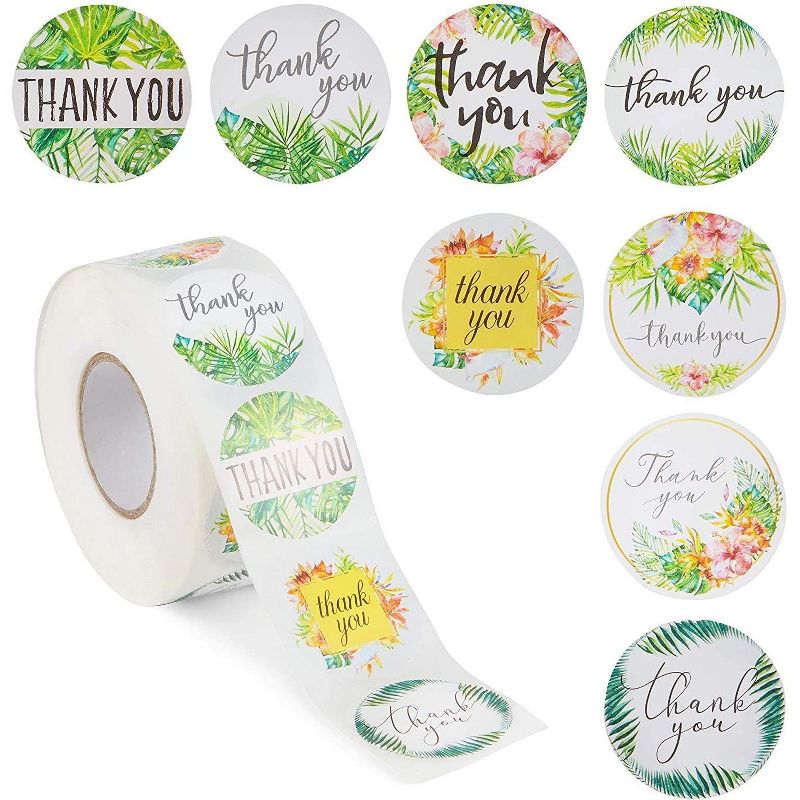 Pipilo Press 1000-Pack Thank You Stickers Roll with Assorted Tropical Leaves Designs (1.5 Inches)