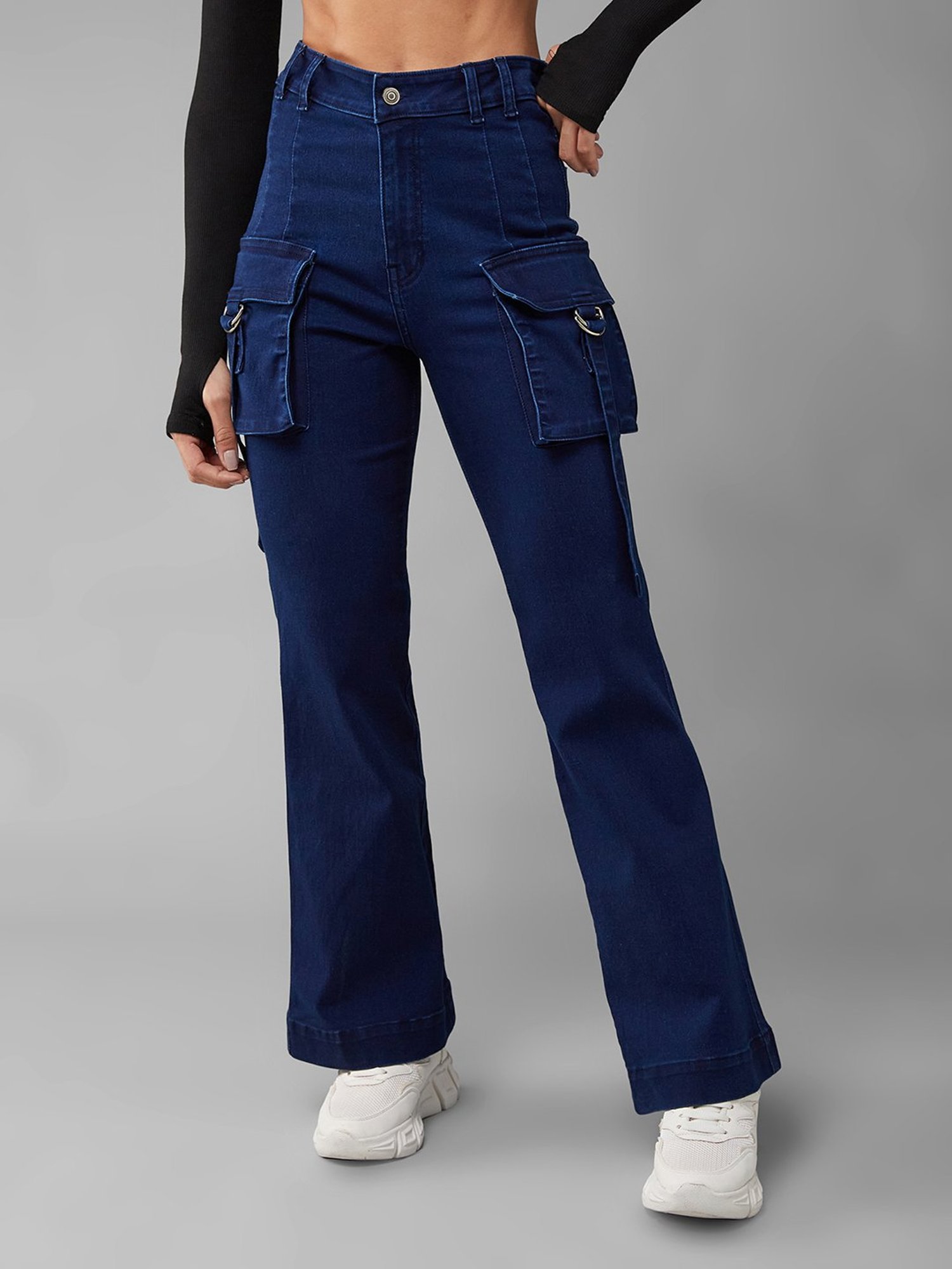 DOLCE CRUDO Dark Blue Denim Regular Fit High Rise Cargo Jeans