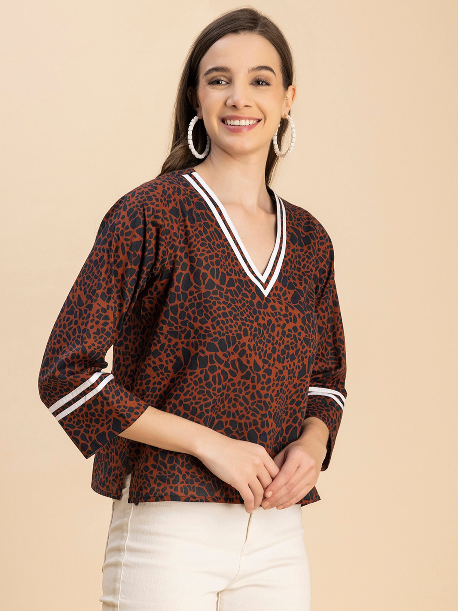 Moomaya Brown Cotton Printed Top