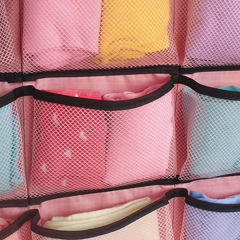 DualSided Hanging Closet Organizer for Underwear StockingBra and SockMesh Pockets with Metal Hanger 42 Pockets Pink