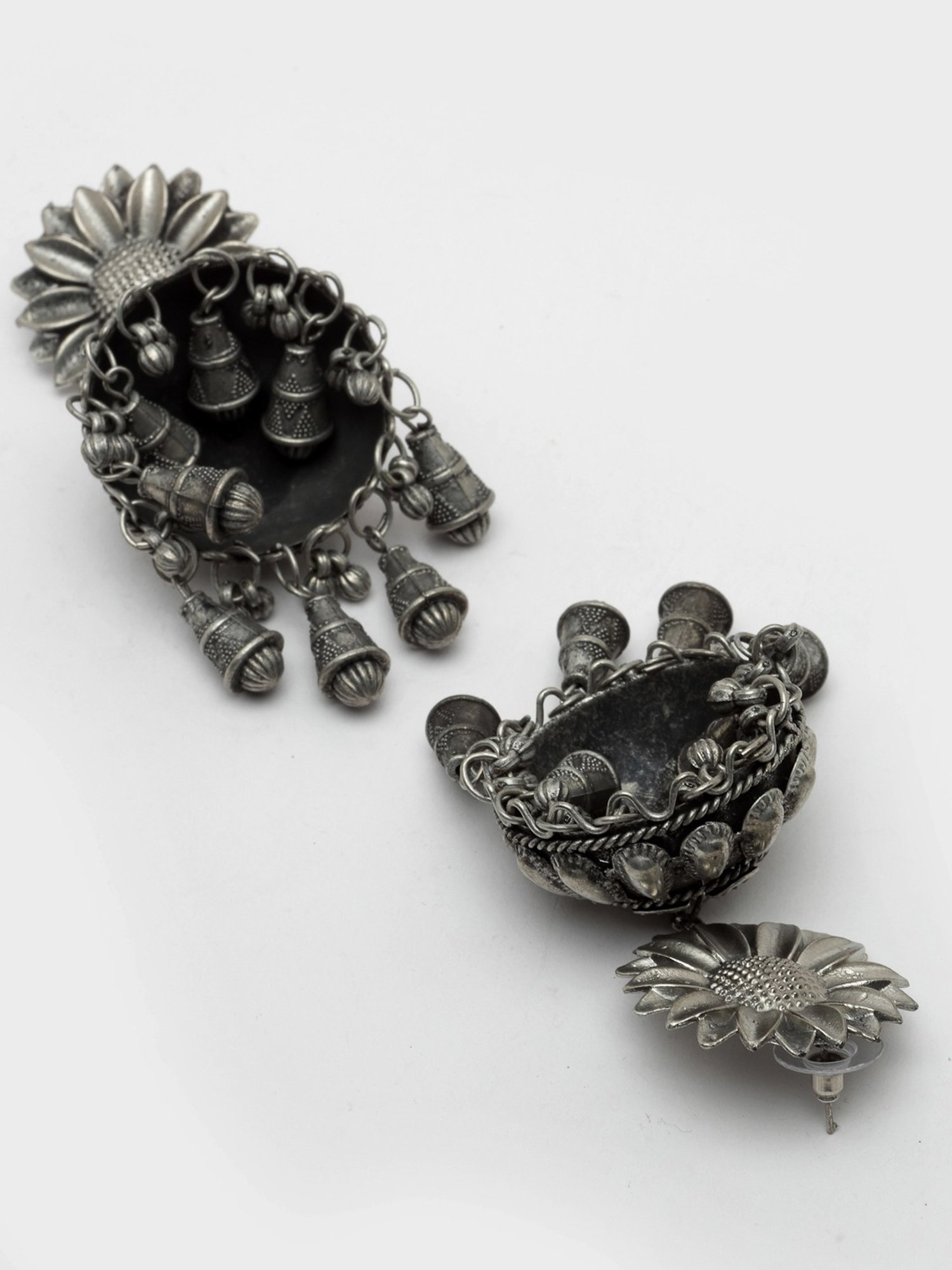 Moedbuille Handcrafted Tasselled Floral Design Oxidised Silver Plated Antique Tribal Earrings