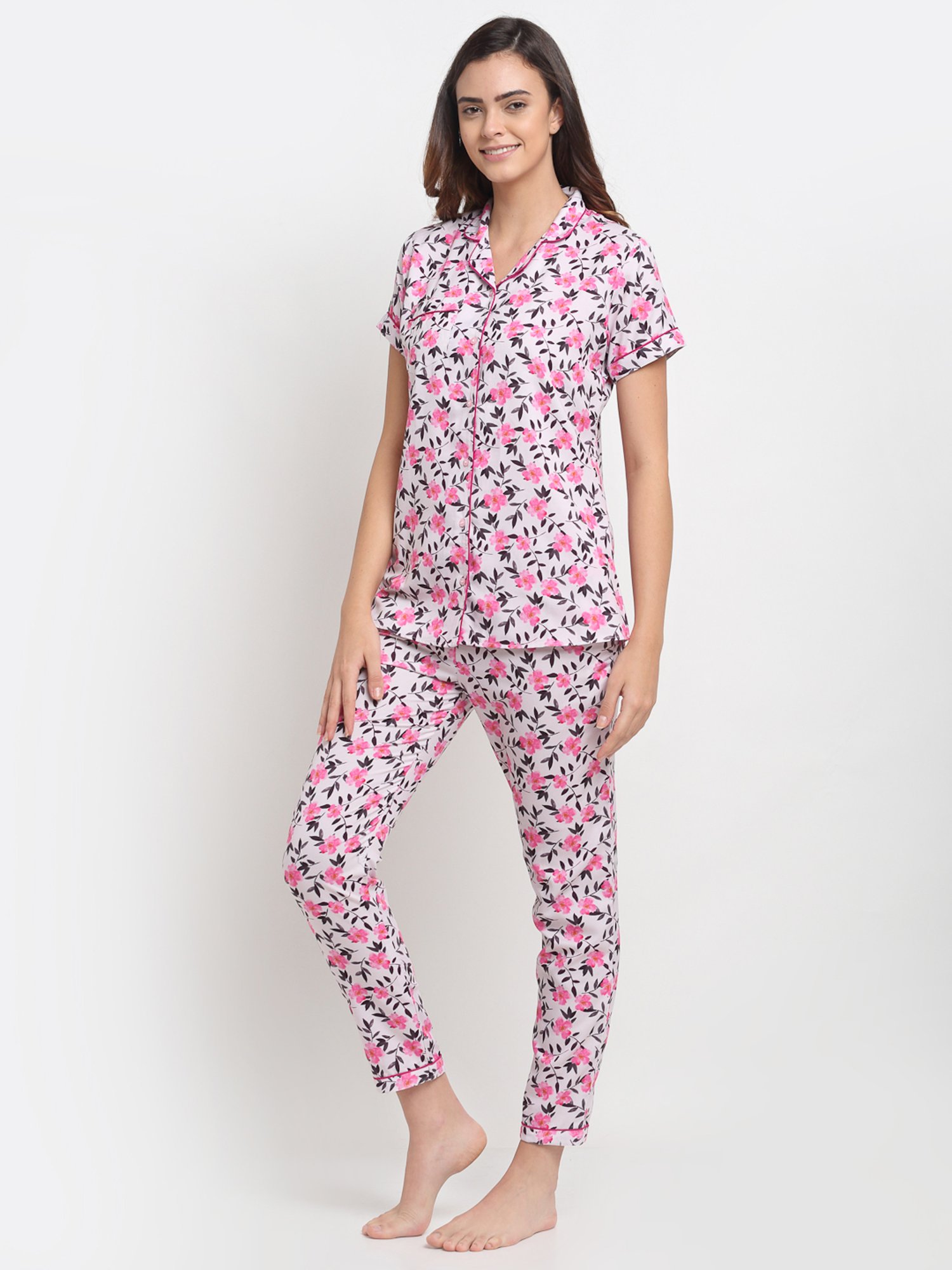 Erotissch Pink & Grey Floral Print Shirt Pyjama Set