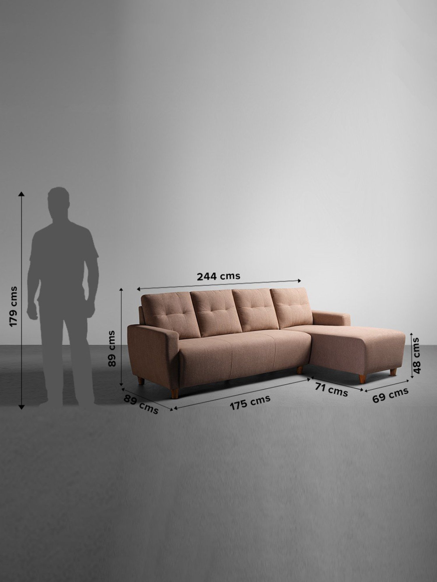 Sleepyhead Yolo Coco Brown Fabric 3 Seater RHS L Shape Sofa Set