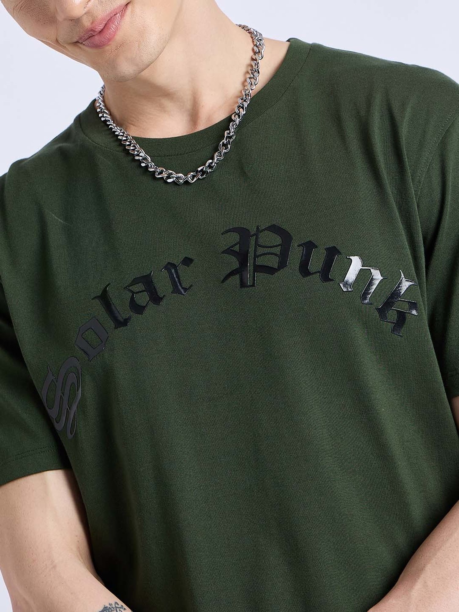 EDRIO Olive Regular Fit Printed Crew T-Shirt