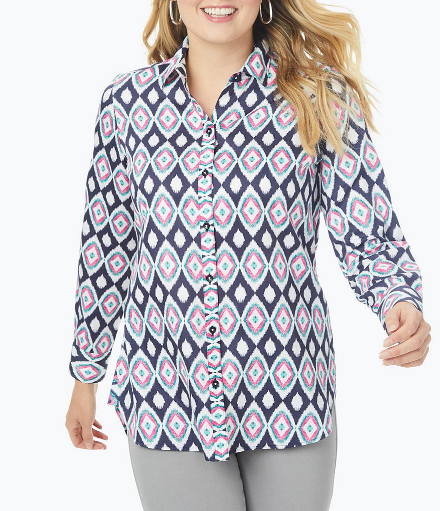 Foxcroft Plus Size Germaine Evening Ikat Long Sleeve Point Collar Neck Non-Iron Collared Shirt