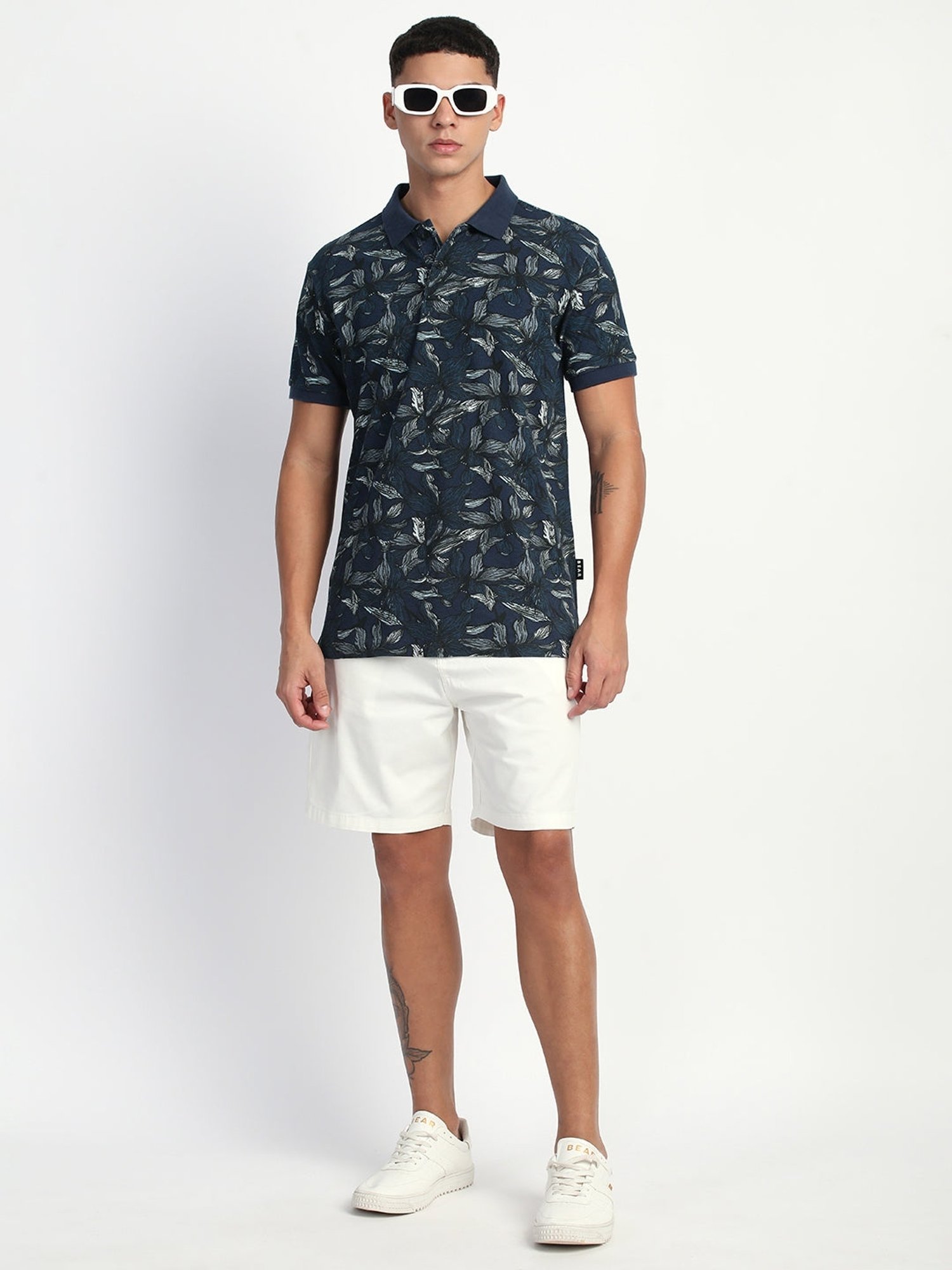 The Bear House Blue Cotton Regular Fit Printed Polo T-Shirt