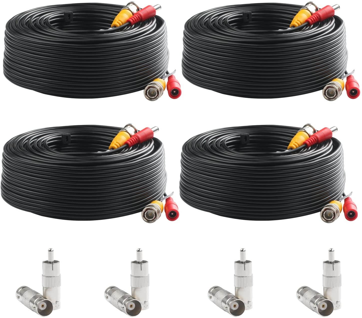 Postta BNC Video Power Cable (4 Pack 100 Feet) Pre-Made All-in-One Video Security Camera Cable Wire with Eight Connectors for CCTV DVR Surveillance System