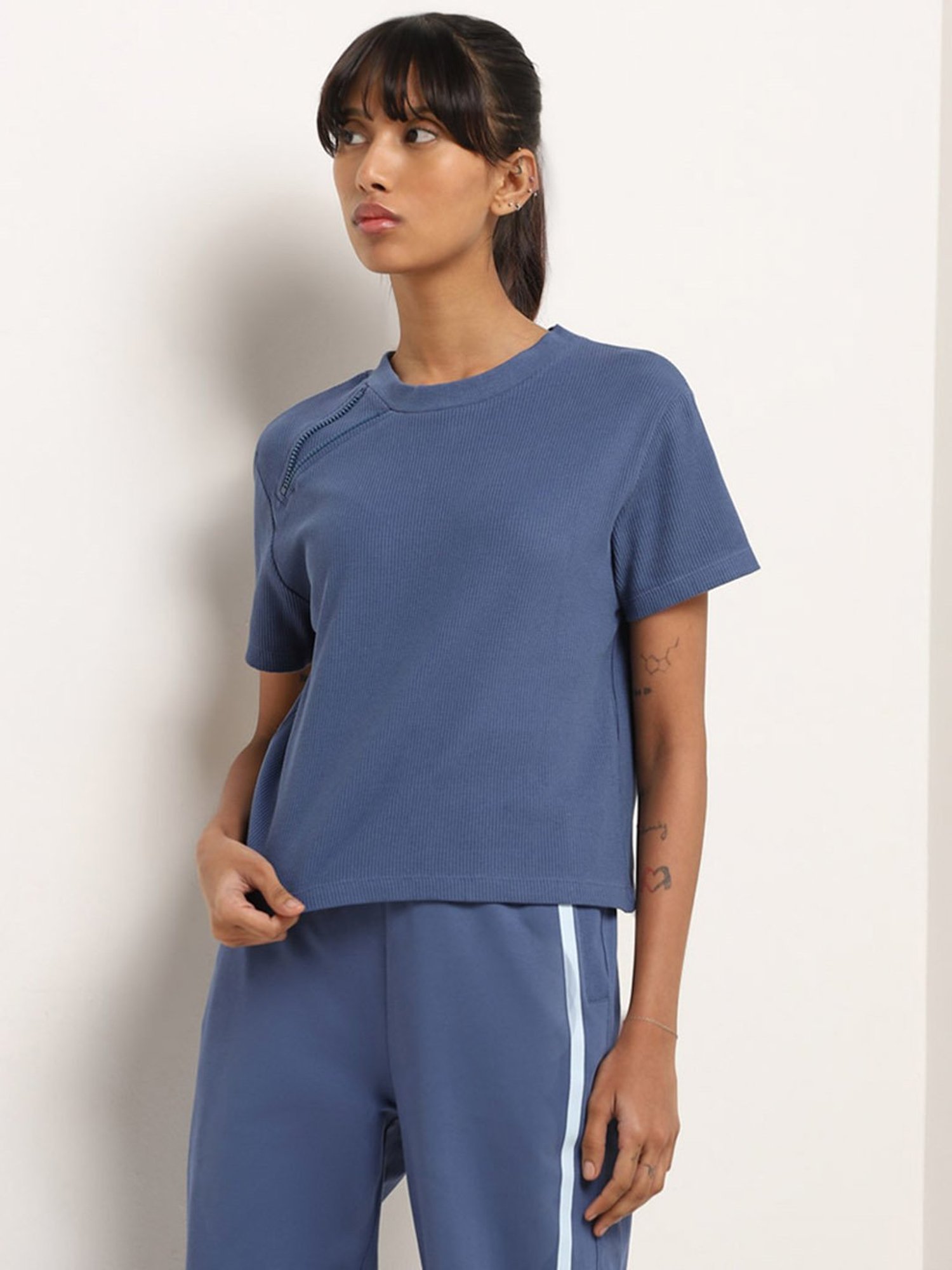Studiofit by Westside Blue Ribbed Textured T-Shirt