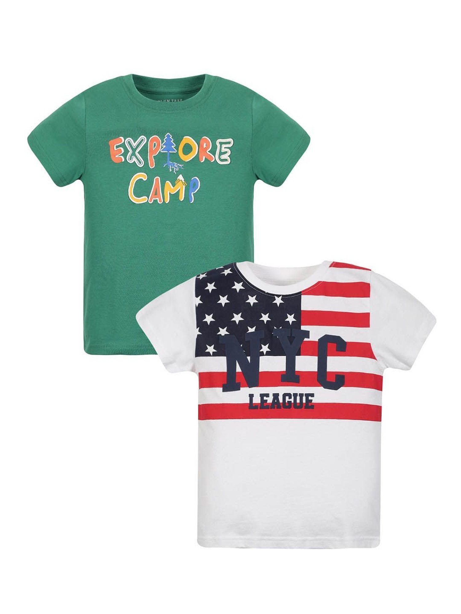 Plum Tree Kids Green & White Printed T-Shirt (Pack Of 2)