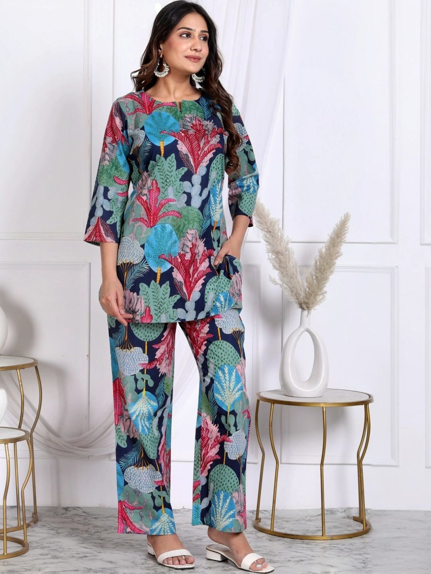 Kaftanize Multicolored Tropical Collage Printed Cotton Tunic with Pant