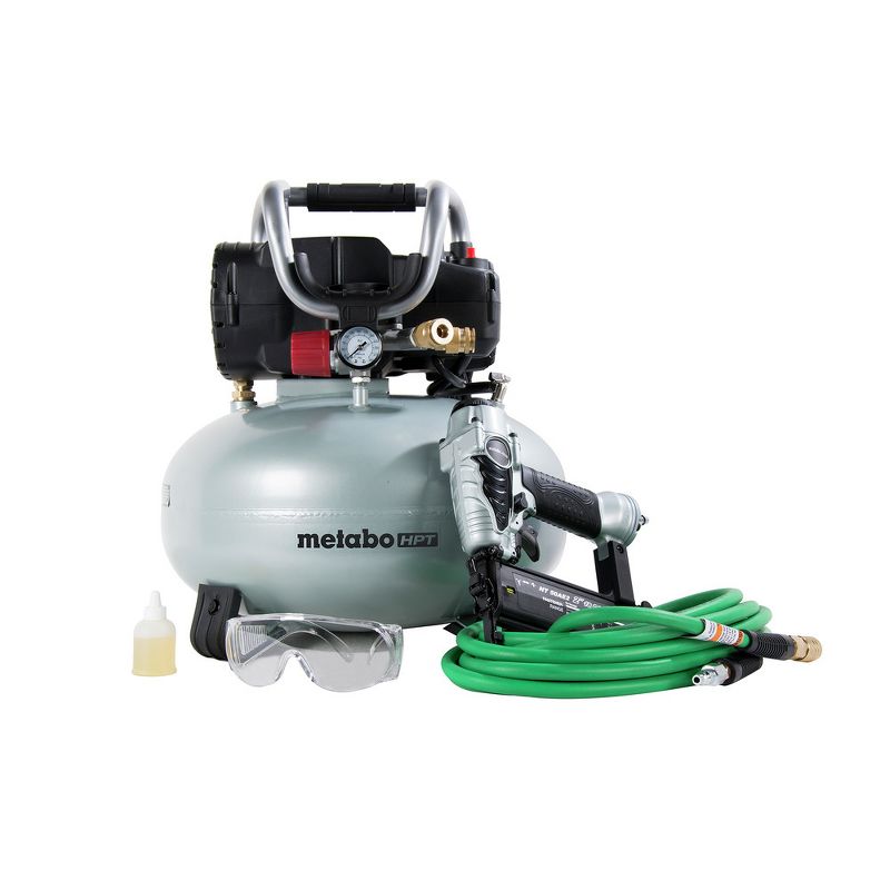 Metabo HPT KNT50ABM 18 Gauge Brad Nailer and 1 HP 6 Gallon Portable Pancake Air Compressor Combo Kit