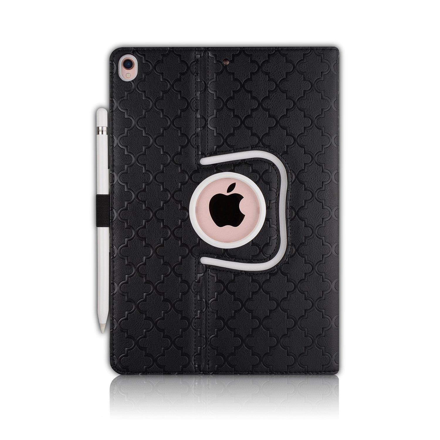 iPad Pro 10.5 Case,Thankscase Rotating Case Smart Cover with Beautiful Quatrefoil Lattice Embossed Pattern with Wallet Pocket and Hand Strap for New iPad Pro 10.5 inch 2017 Release (Black Quatrefoil)