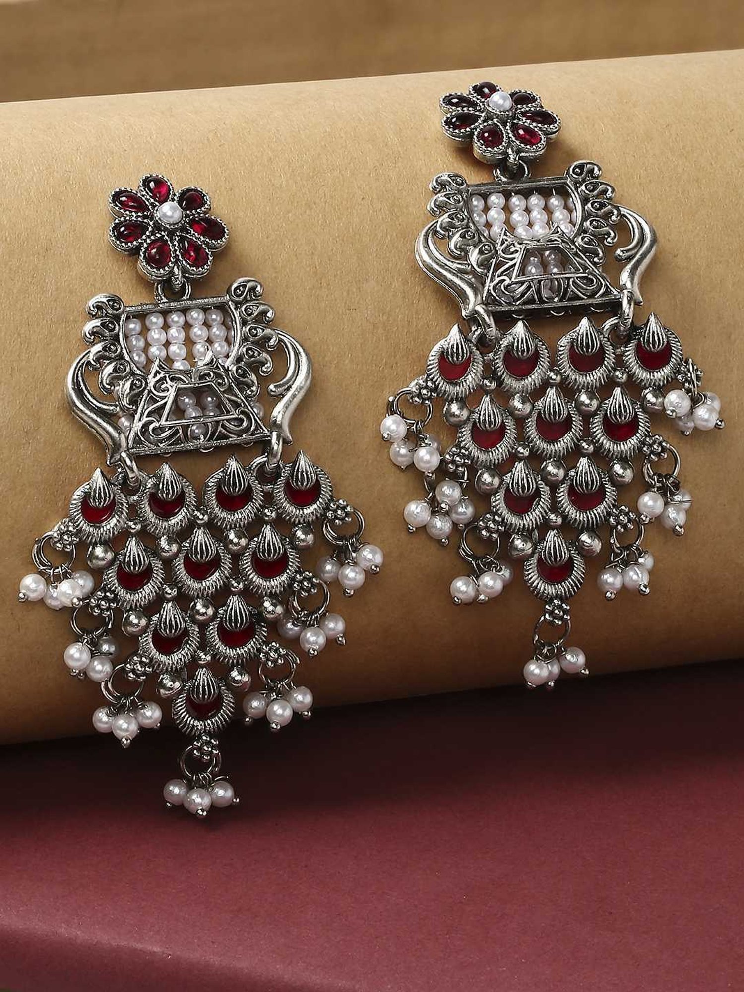 OOMPH Oxidised Silver Maroon Stones Waterfall Design Ethnic Dangler Earrings