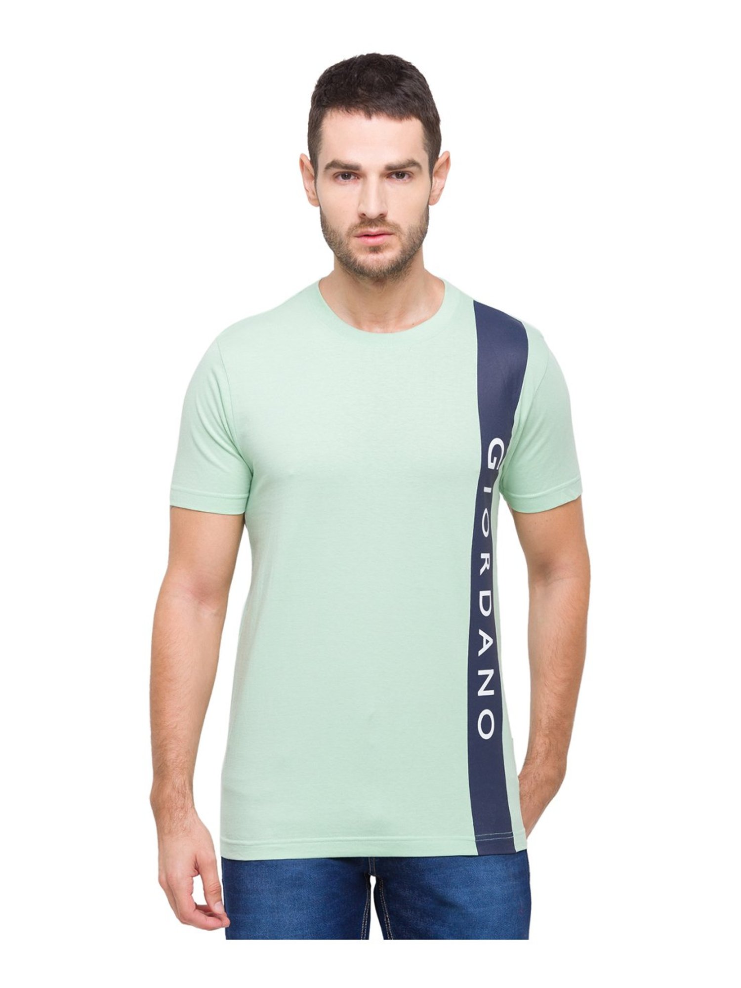 Giordano Smoke Green Cotton Slim Fit Logo Printed T-Shirt